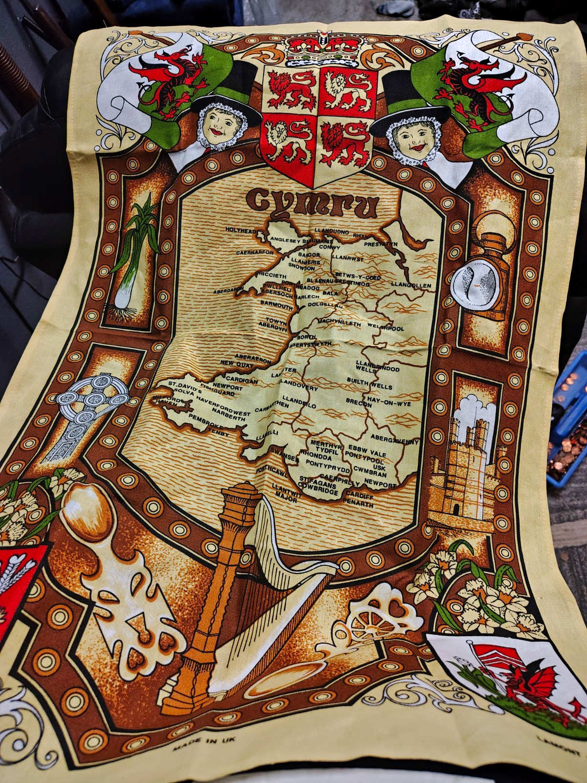 Vintage Lamont Linen Wales Cymru Map Tea Towel Unused NOS Red Dragon MINT