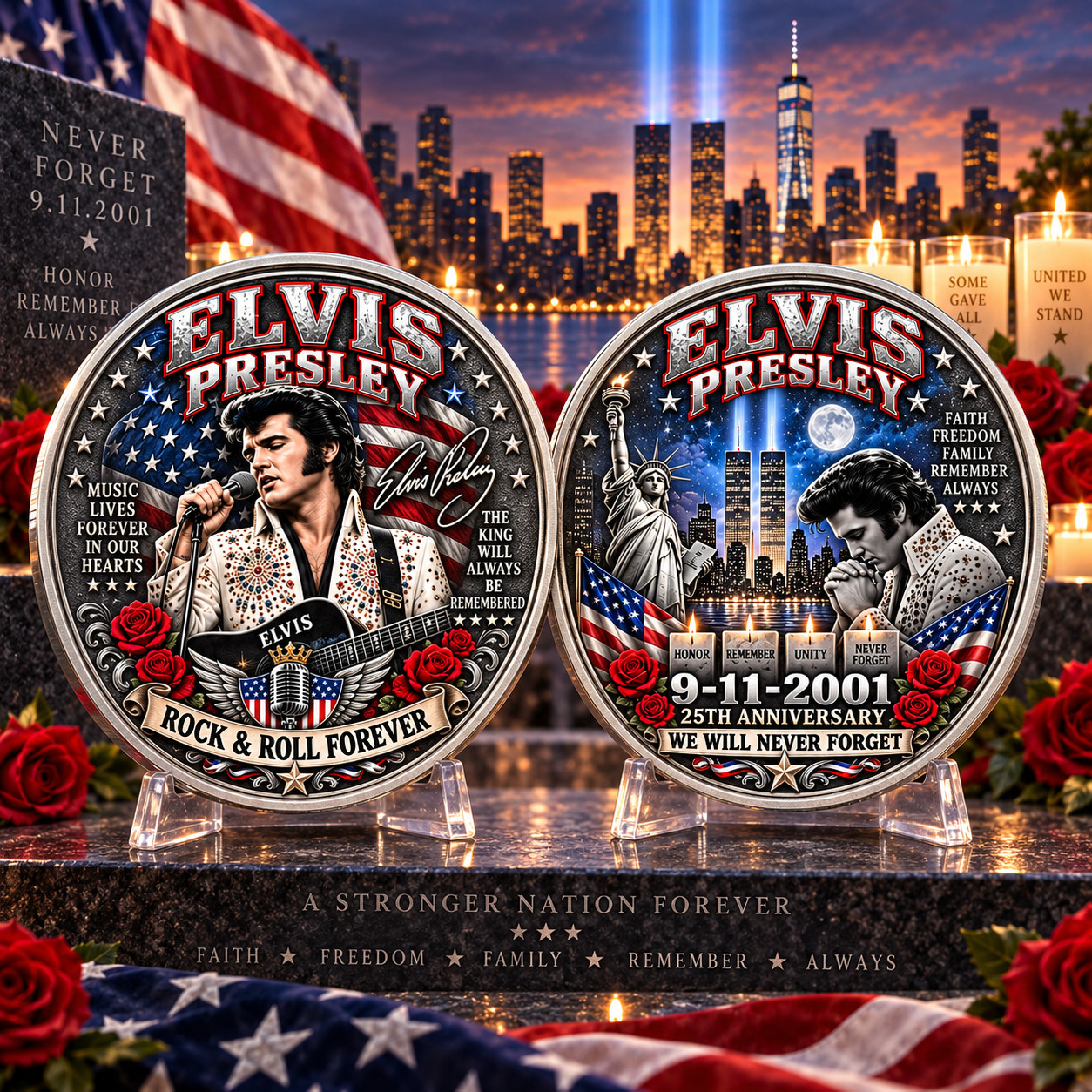 9/11 25th Anniversary Challenge Coin Elvis Presley Tribute We Will Never Forget