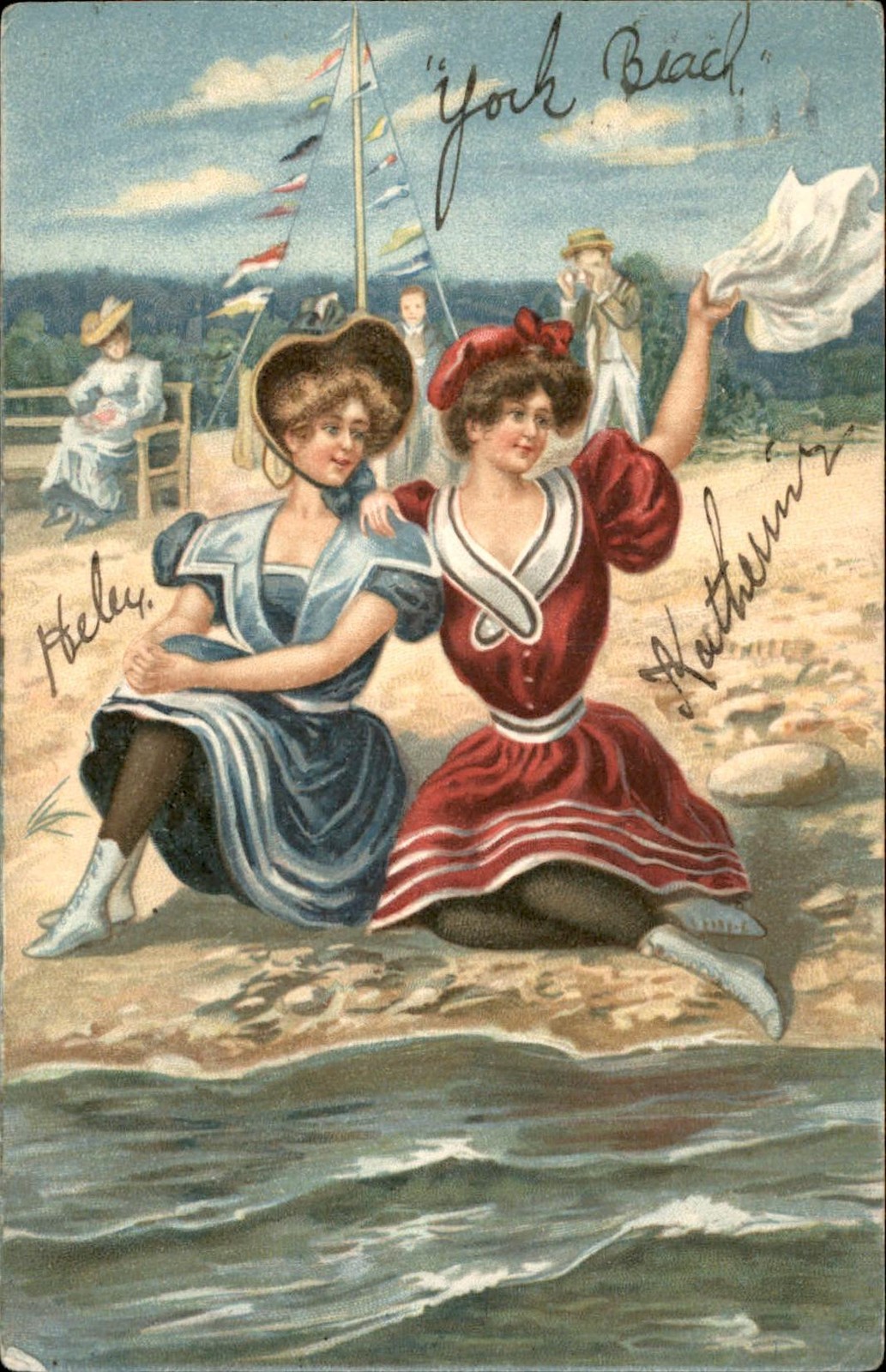 Bathing Beauties Waving from Beach  c1900s-10s Vintage Postcard