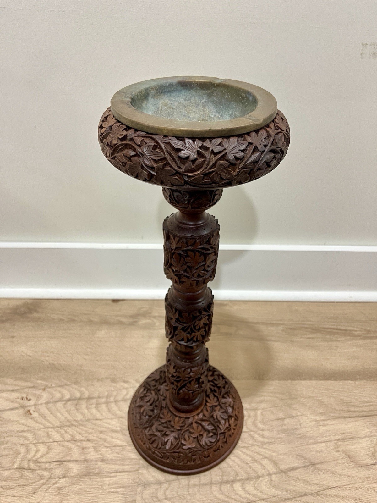 VTG Kashmiri 21” Hand Carved Smoking Stand Ashtray Solid Walnut Brass Tray