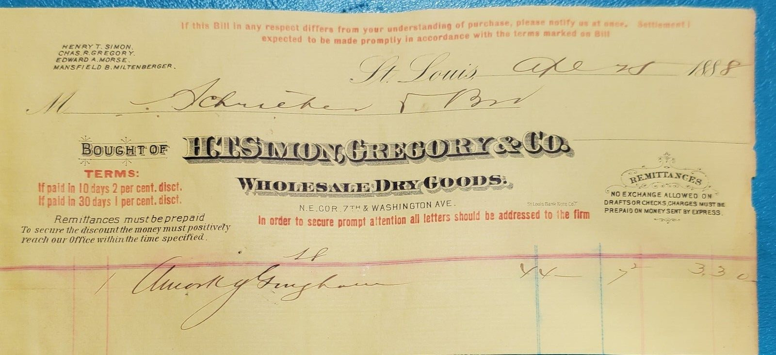 Antique  Ephemera Letterhead Billhead H.T. SIMON, GREGORY & CO. DRY GOODS 1888