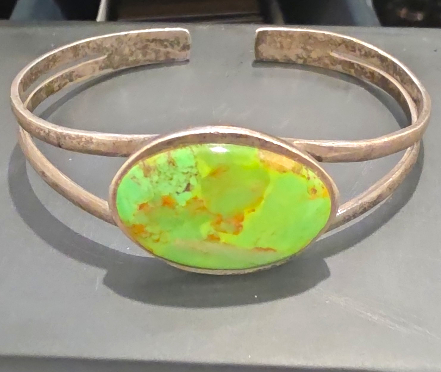 Native American US Sterling Silver Cuff Bracelet with Green Oval Stone
