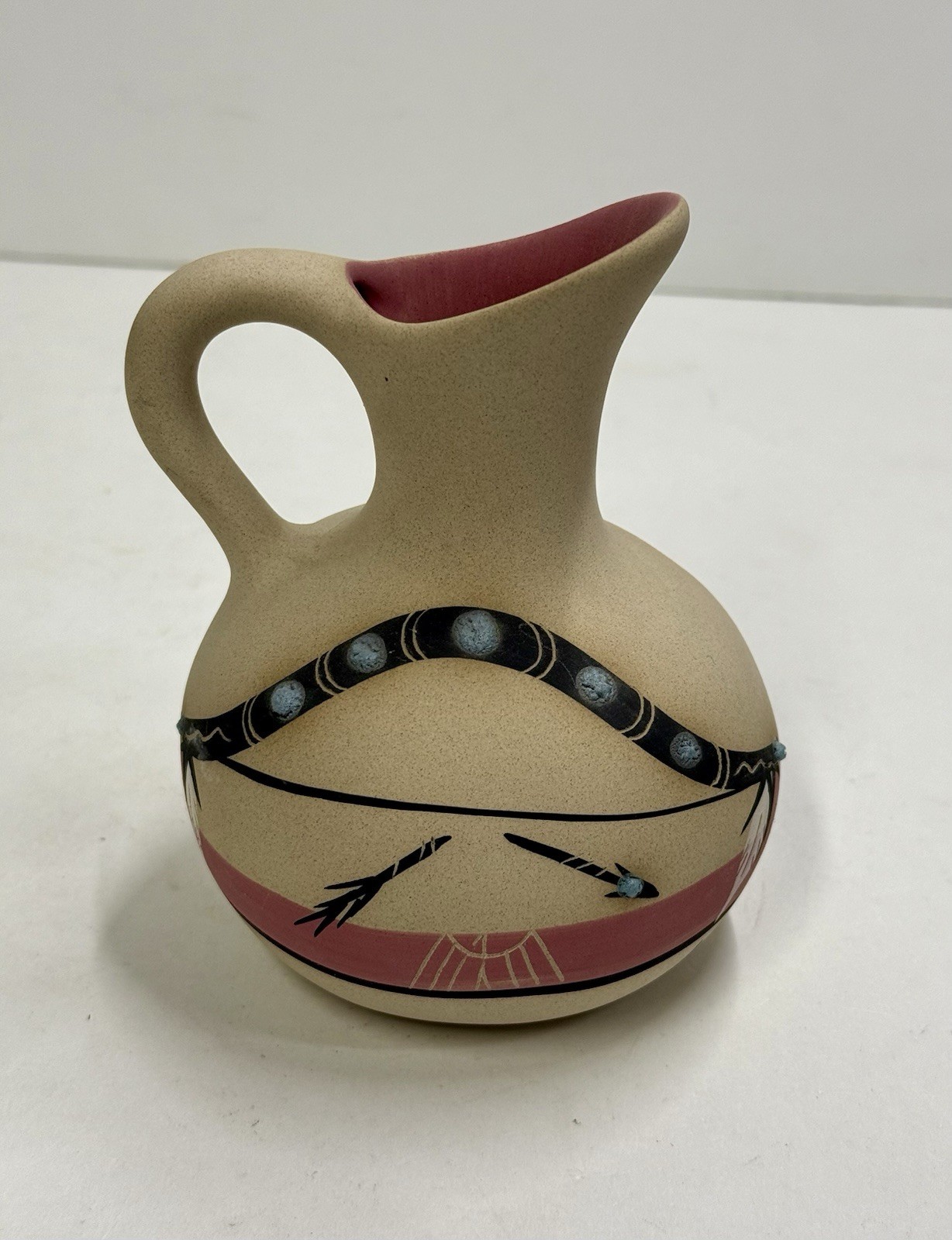 Vtg Native American 13 BROKEN ARROW Signed Pottery Vase Pitcher Pink Southwest