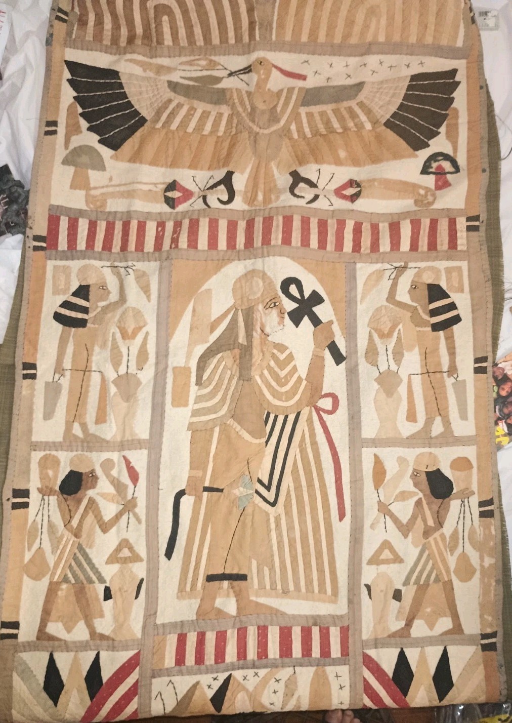 Vintage Egyptian Khayamiya Applique Textile Wall Hanging Pharaoh Ankh 64x 32 Vin