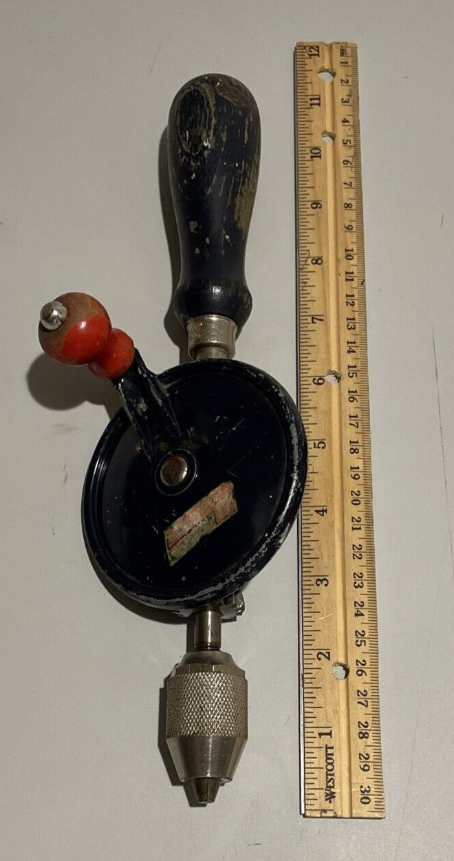 Vtg STANLEY No. 11214 Egg Beater Style Hand Crank Drill USA Wood Handle
