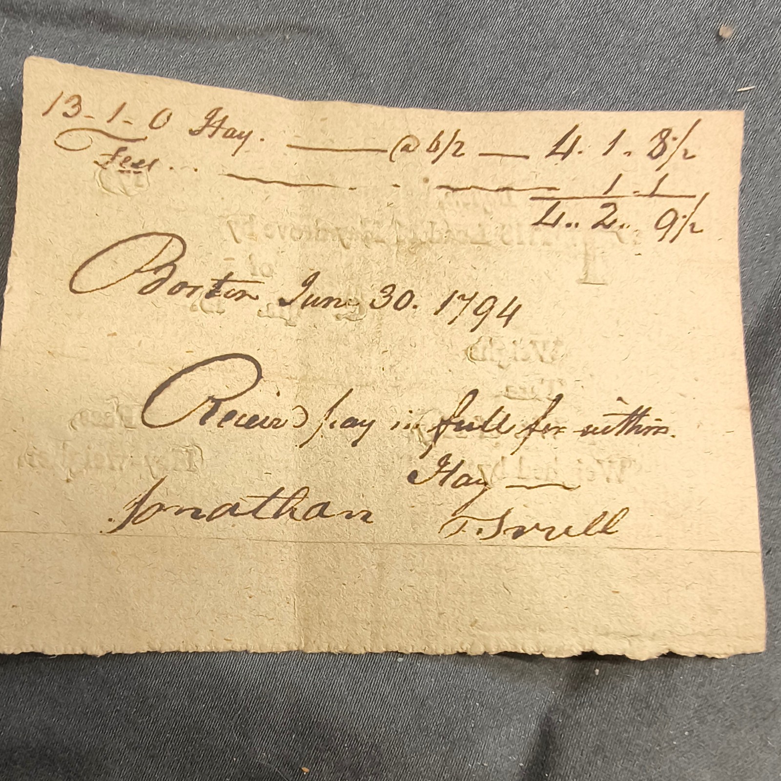 1794 Boston Printed Hay Weigher Ticket Ticket Jonathan Sewell Stephen Childs Rox