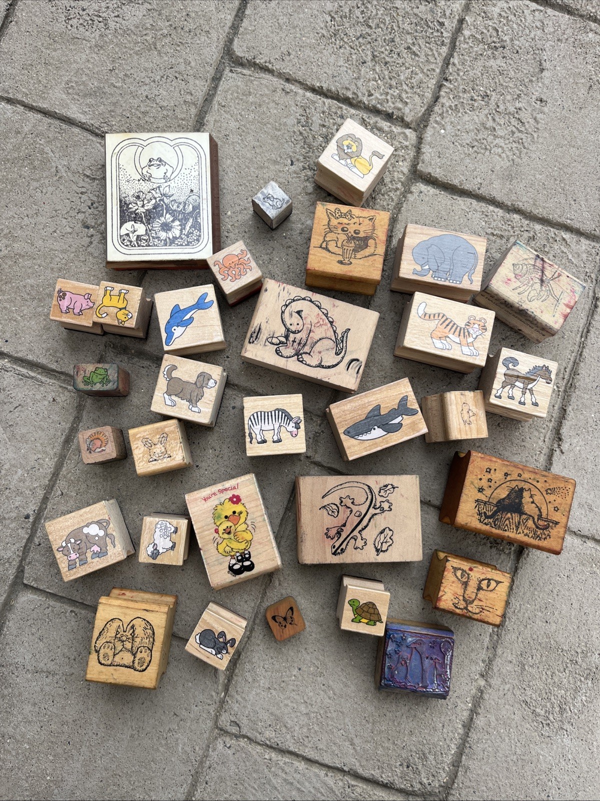 Vintage Rubber Stamps Wood Mounted Themed Lot of 31 Cat Rabbit Dolphin Ect