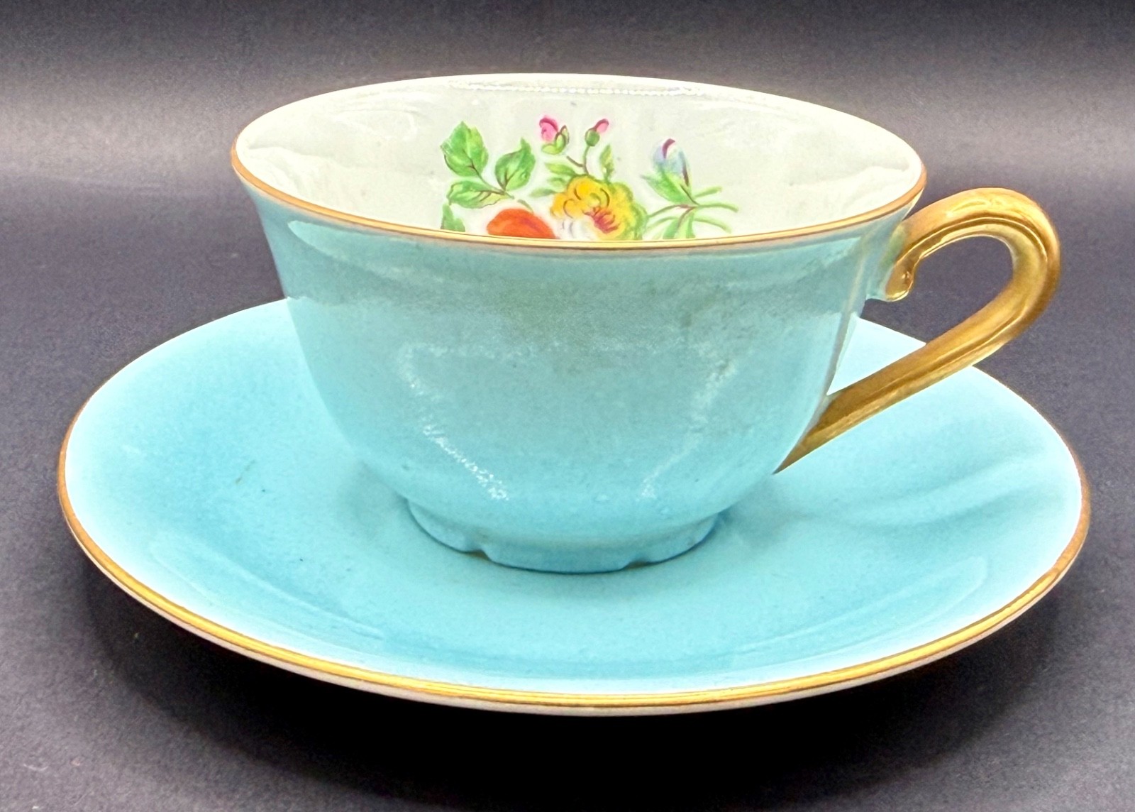 Vintage French Porcelain Demitasse Cup Saucer Turquoise Gold Gilt Floral France