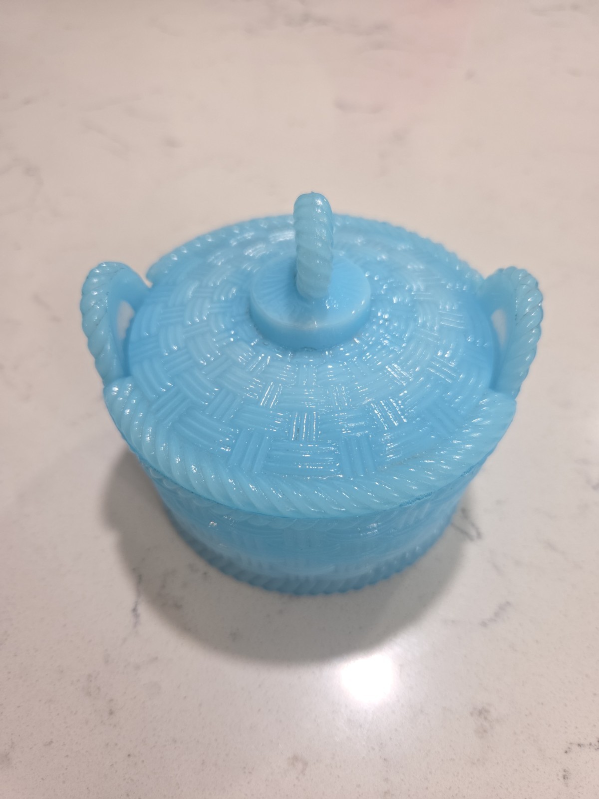 Antique Portieux Vallerysthal Blue Opaline Milk Glass Lidded Powder Jar