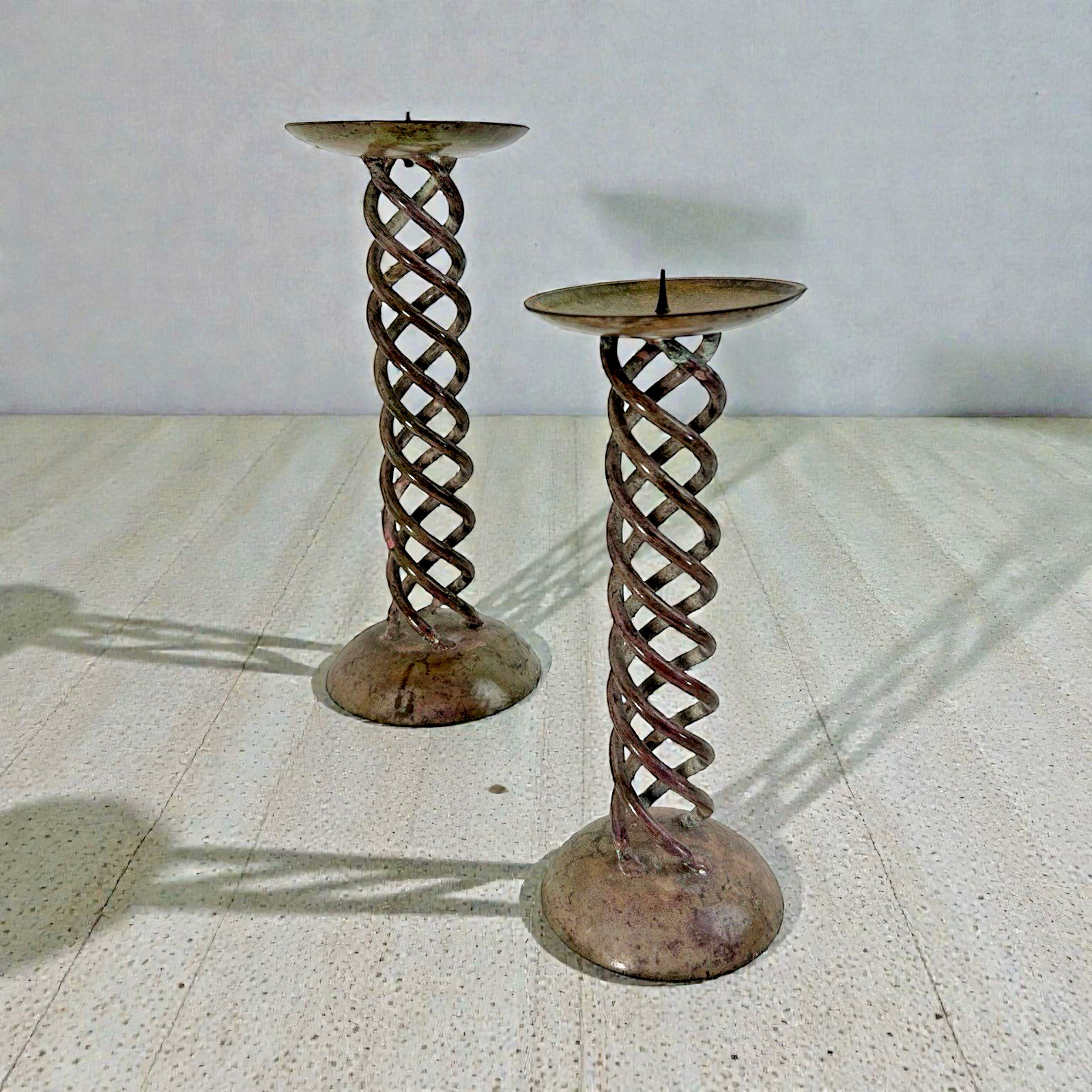 Set of Two ROUND SPIRAL METAL Candle Holders Gray Marbled 8.5 inch Tall