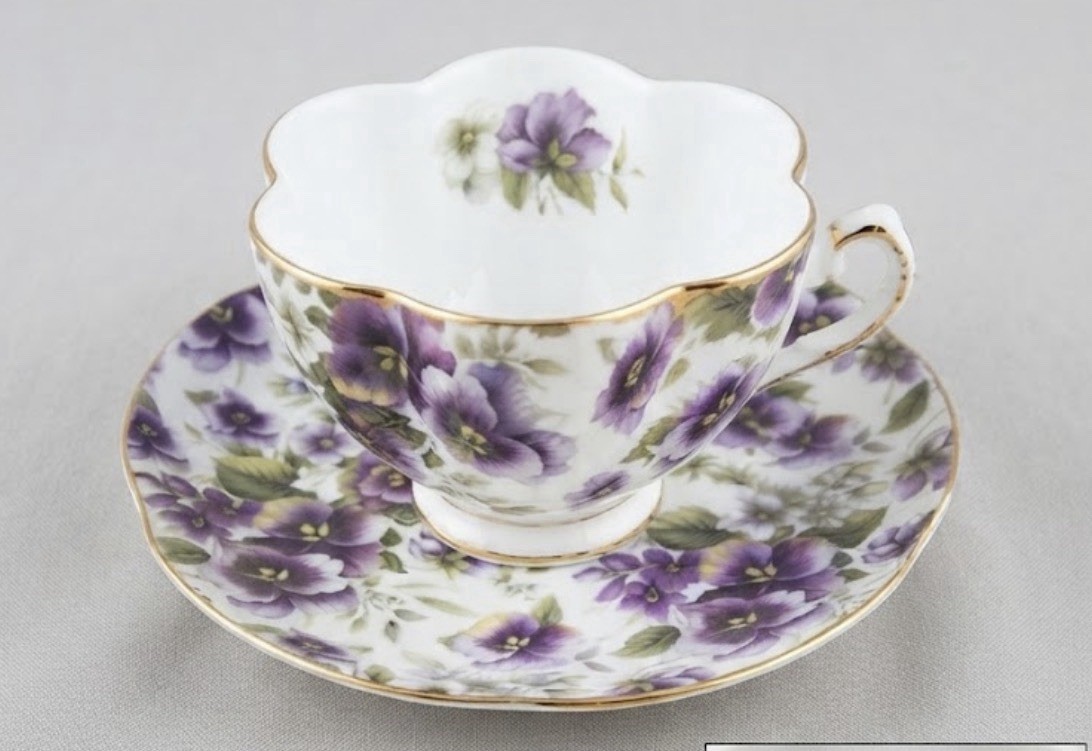 Vintage Ceramic Tea Cup And Scalloped Saucer, Purple Pansy Floral Gold Trim