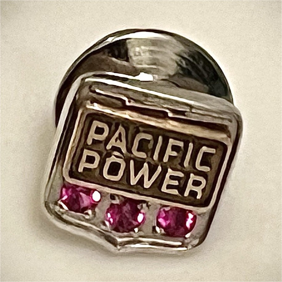 Pacific Power Railroad Pinback Lapel Pin, white gold, Pink Rubies. Pacific Power Railroad Pinback Lapel Pin, white gold, Pink Rubies.