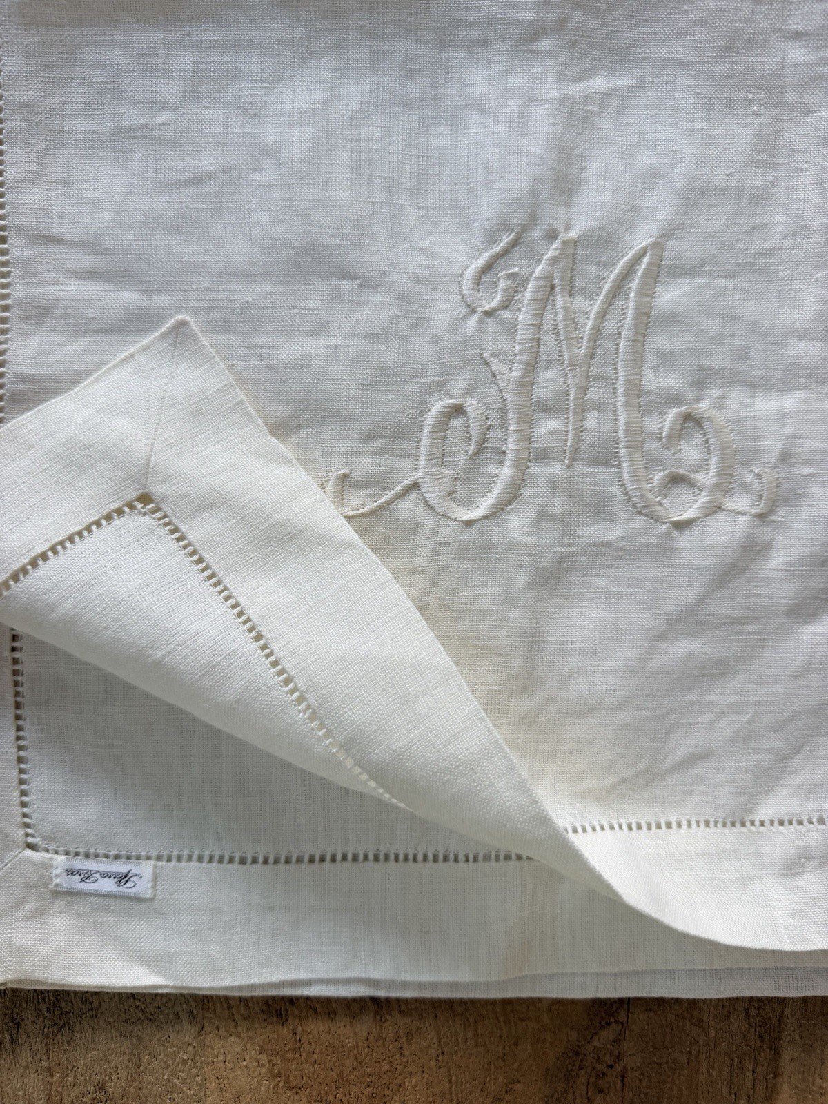 Vintage Sferra Bros Linen Table Runner Monogram M Hemstitch 54x16 Cottagecore