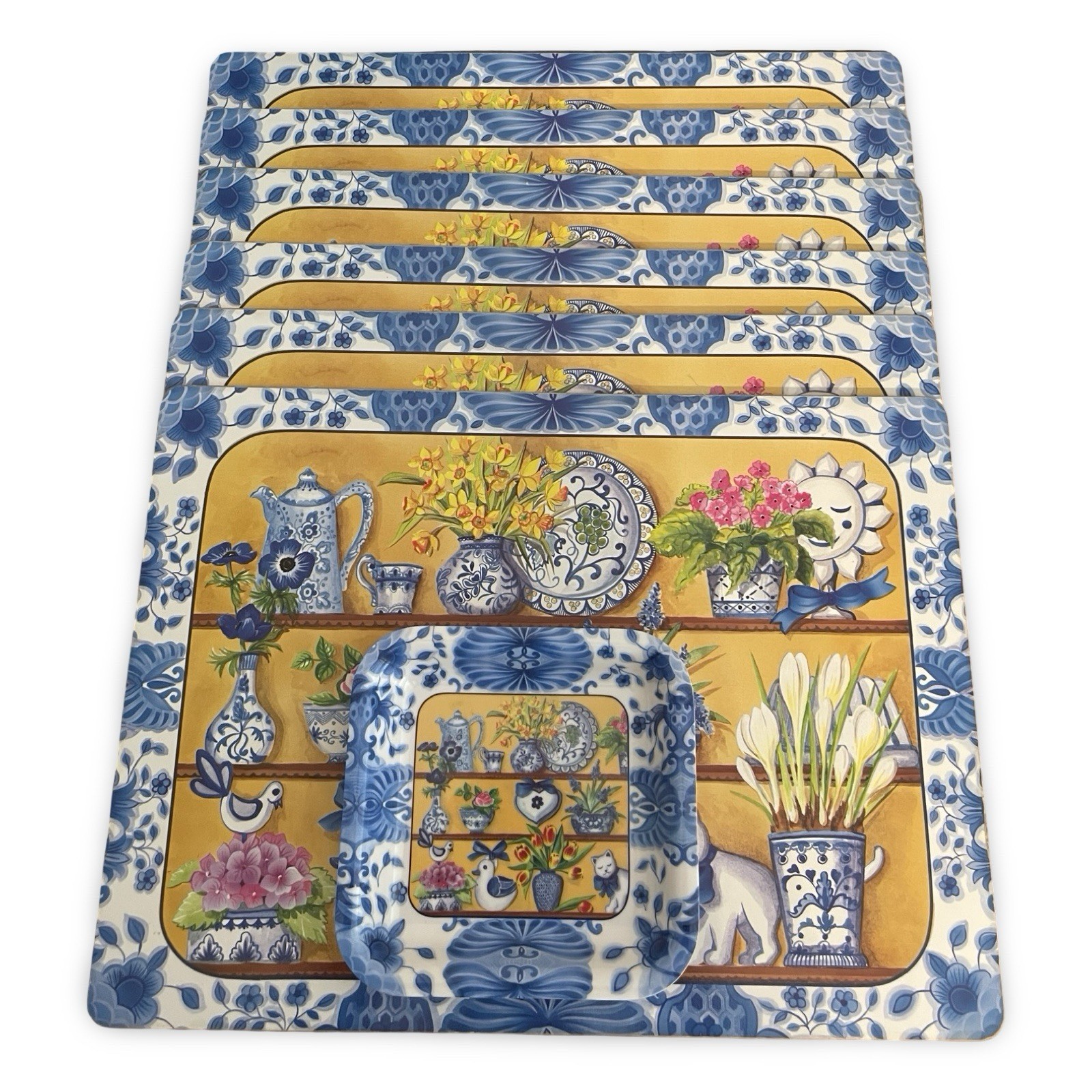 Vintage Pimpernel Delft Blue White Shelf 6 Placemats 1 Small Tray Set