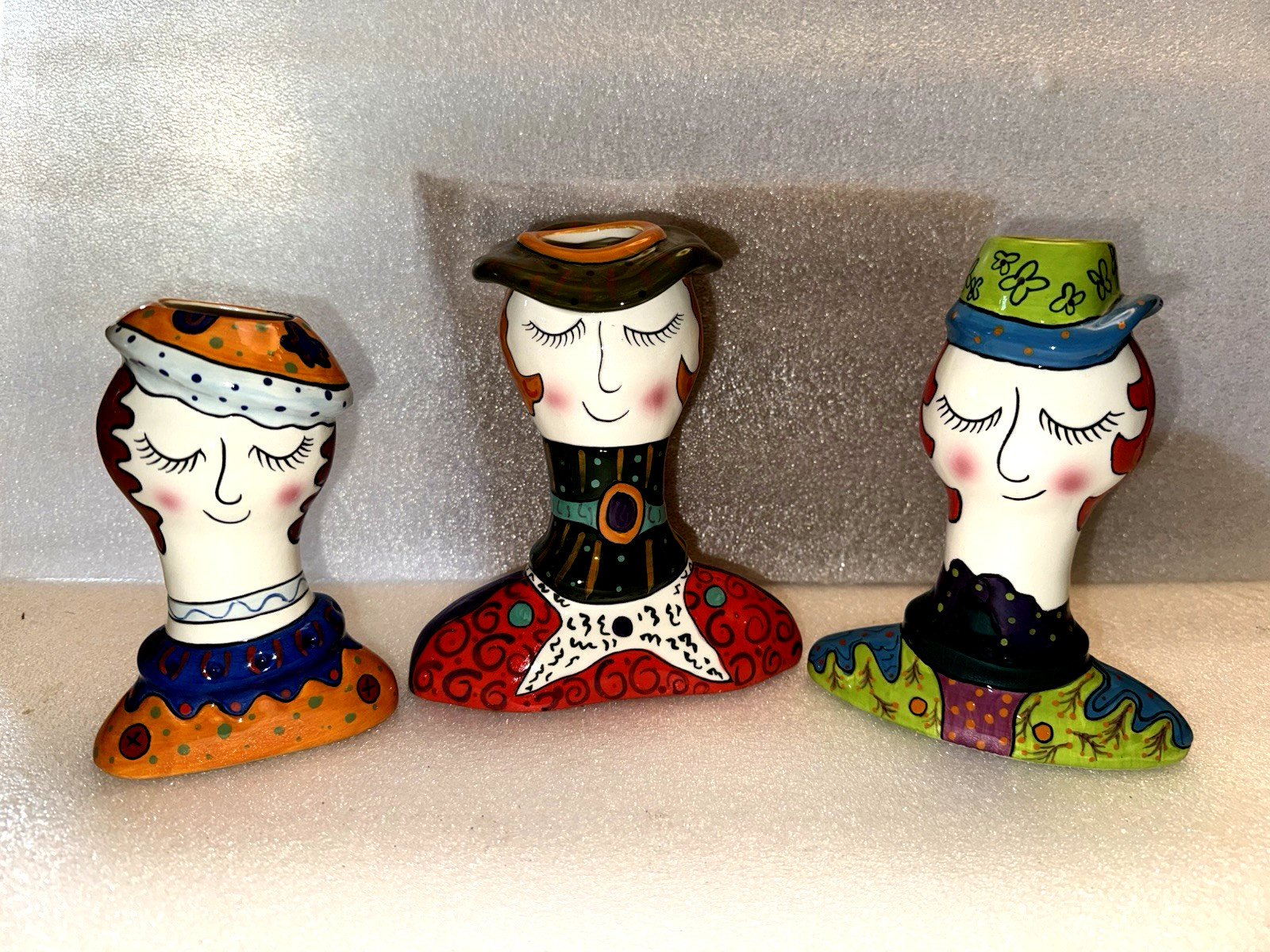 Ganz Pati’s People 3 Hand Painted Ceramic Lady Candle Holders Whimsical Folk Art