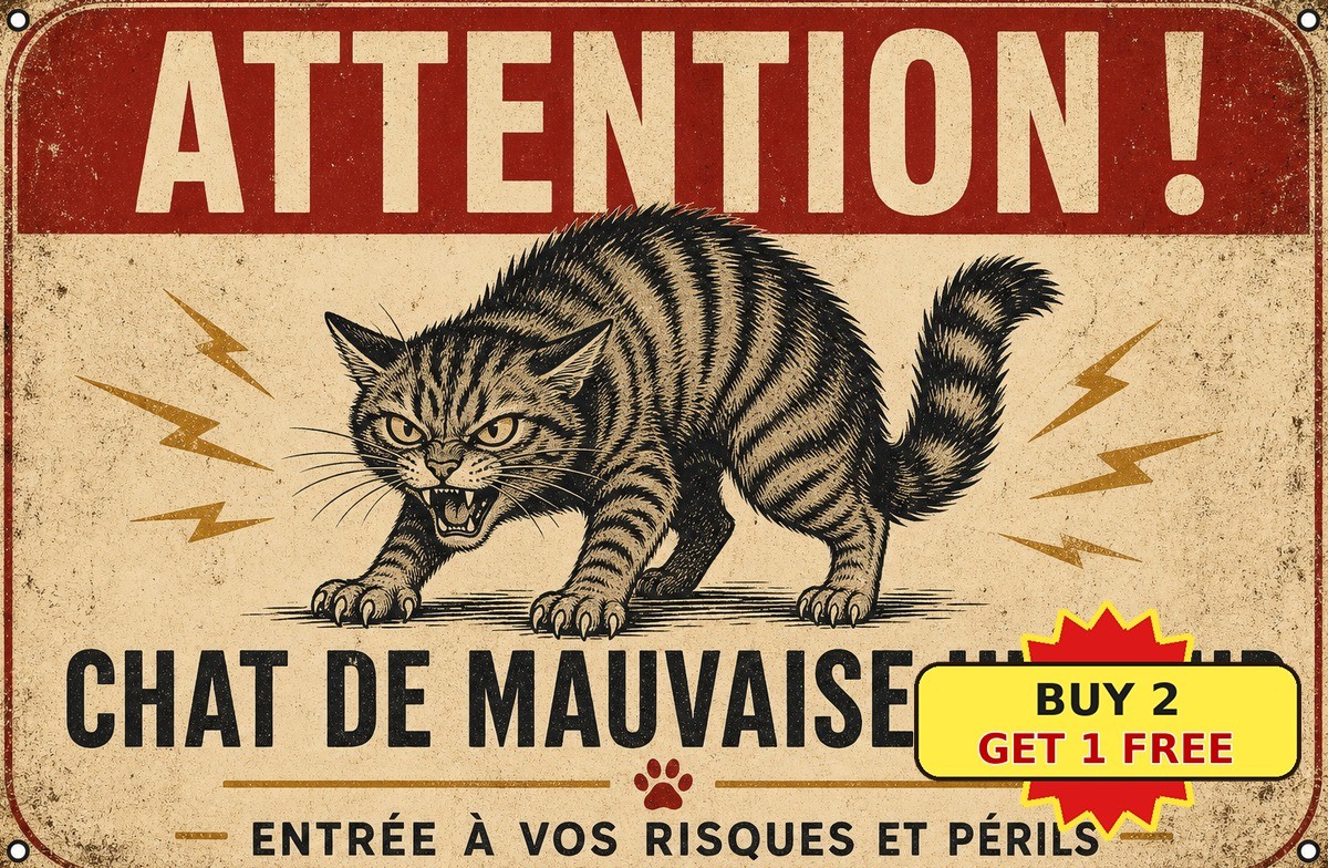 Funny French Cat Warning Tin Sign Beware of Kitten Retro Metal Plaque 8x12