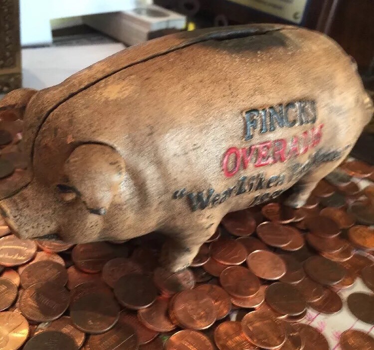 Piggy Bank Fincks Overalls Pig Hog Swine Metal Patina Man Cave Collector Farmer