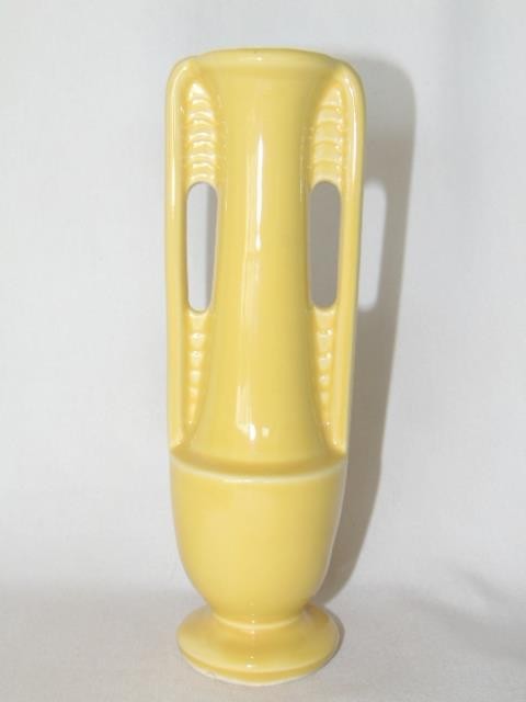Vintage Yellow ART DECO Design Handled ART POTTERY Vase MADE IN USA