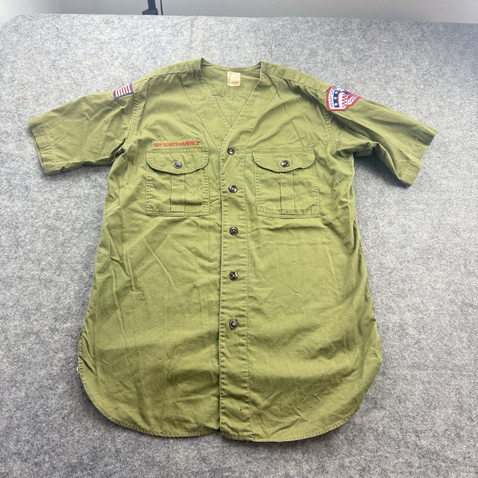 VTG BSA Boy Scouts Of America Shirt Mens Small Patches 60s V Neck Olive Green