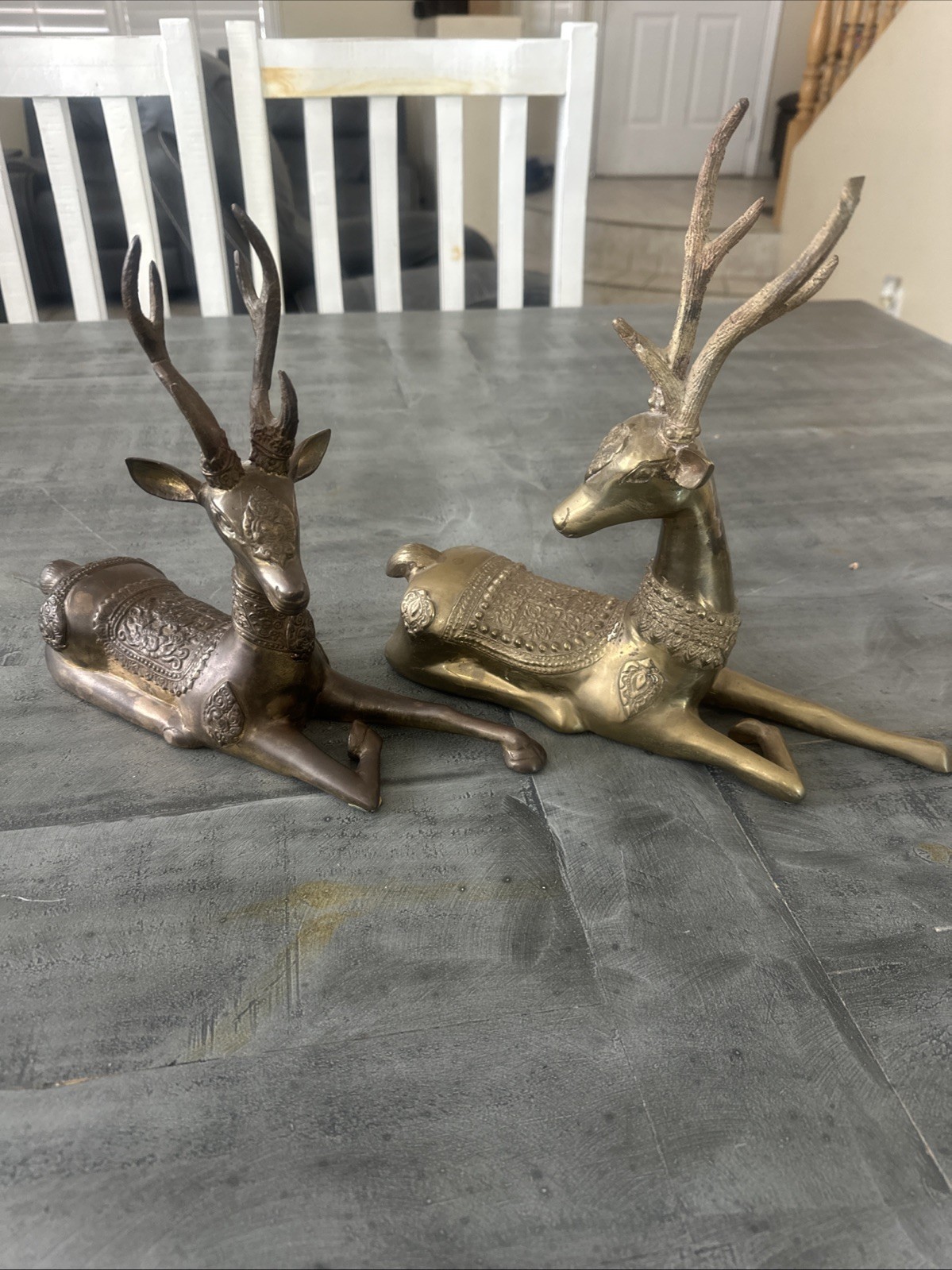 Exquisite VTG Set Of 2 Designed Brass Deer – Combined 7.65 Lbs & 12” x 10.25”