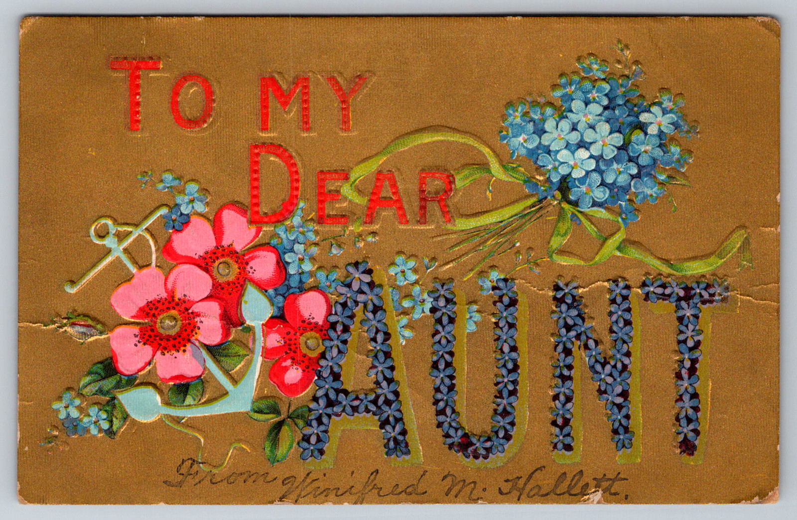 c1910s To My Dear Aunt Gold Lines Embossed Posted Antique Postcard