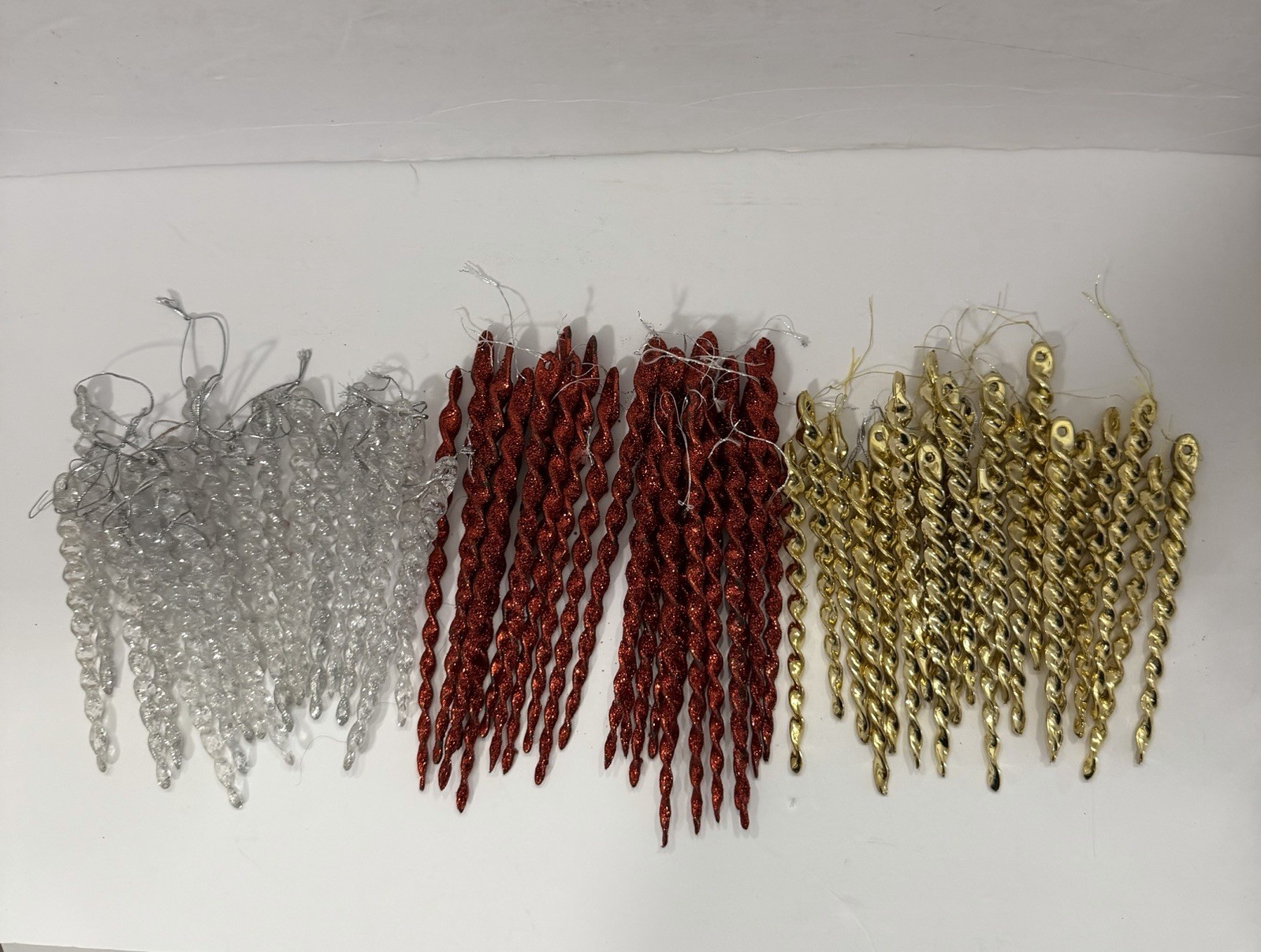 Lot of 64 Icicle Christmas Ornaments Red Gold Silver Glitter Holiday Decor