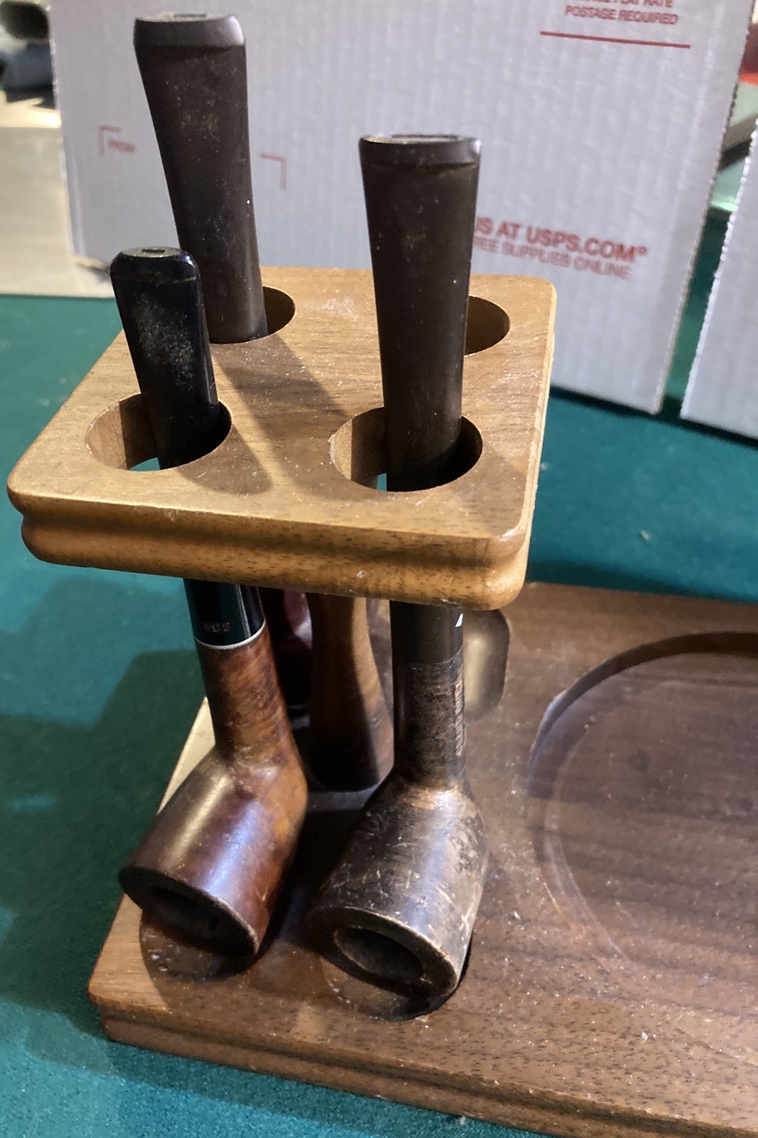 VINTAGE 4 Pipe Stand Walnut Glass Humidor Aztec Button,3 PIPES,TOBACCO from 60's VINTAGE 4 Pipe Stand Walnut Glass Humidor Aztec Button,3 PIPES,TOBACCO from 60's
