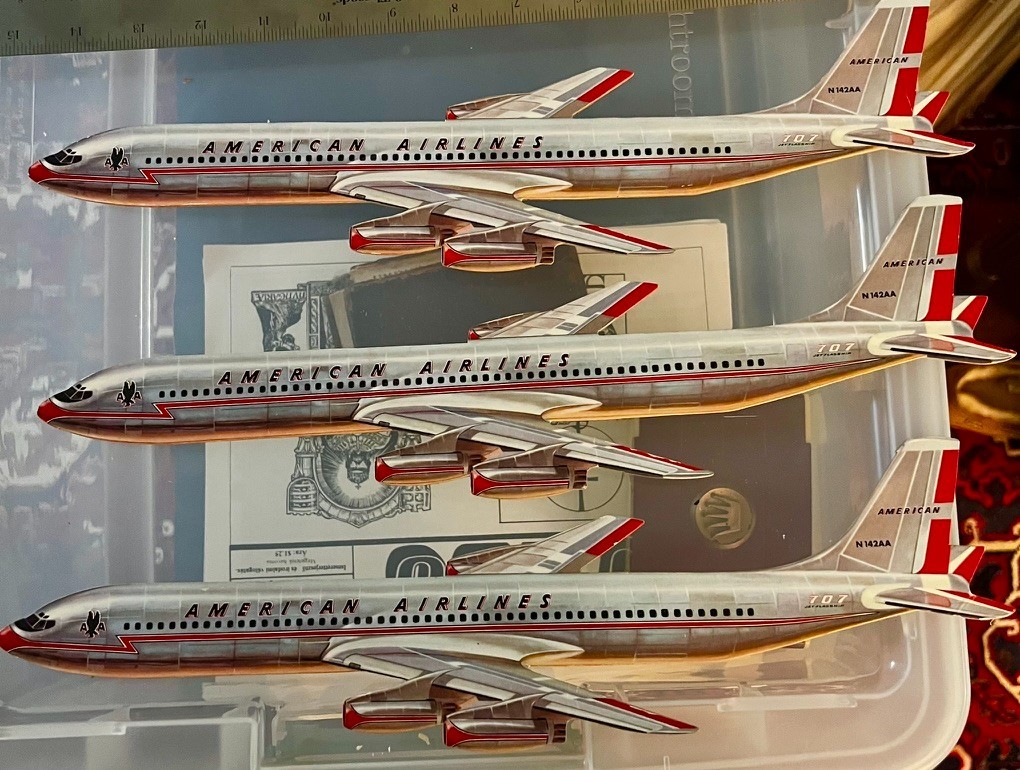 3  Three VINTAGE AMERICAN AIRLINES DIECUT CARDBOARD 707 AIRPLANE