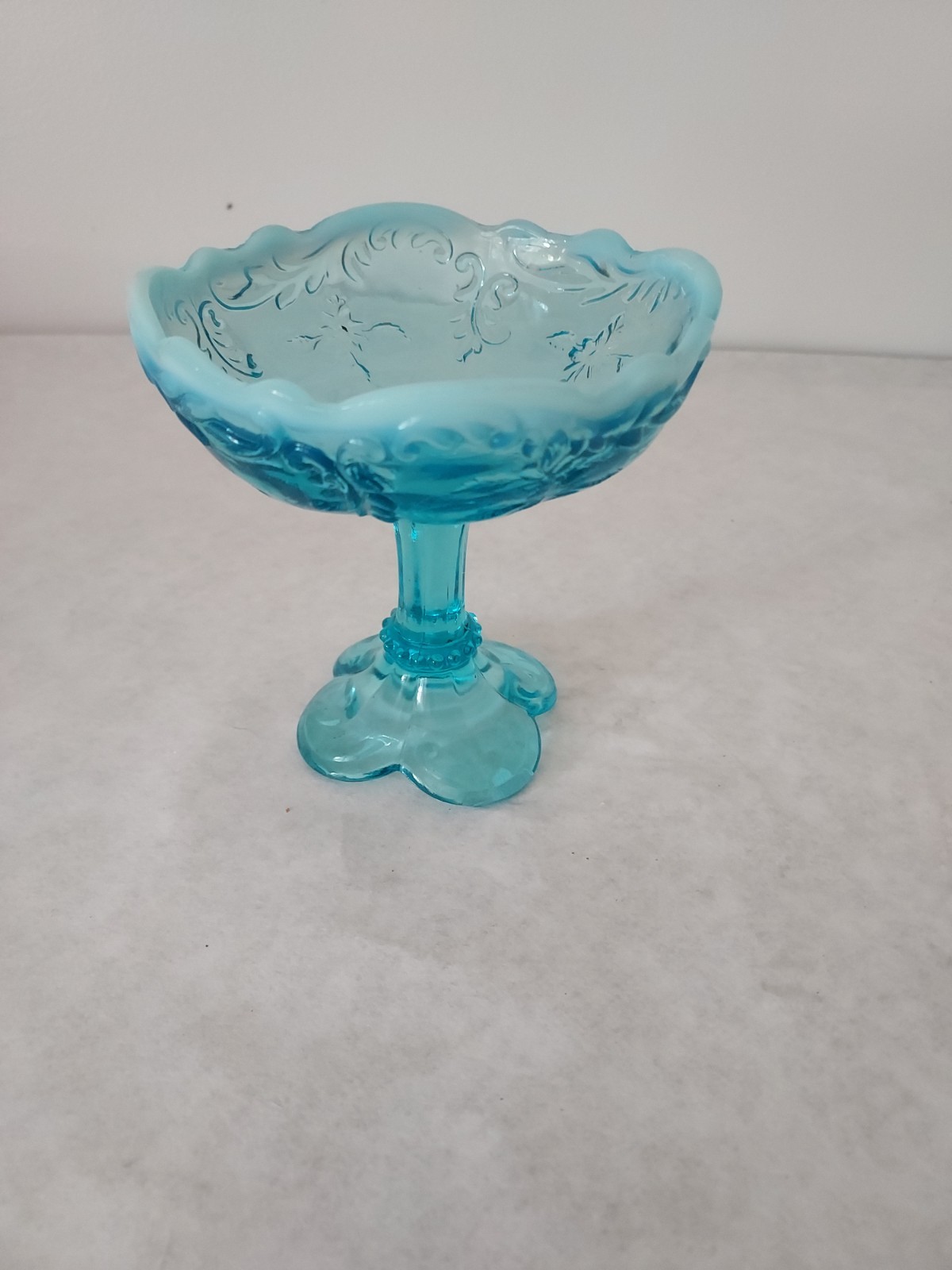 Rare Vintage Northwood Aqua Leaf And Flower Pedestal Compote Rare Vintage Northwood Aqua Leaf And Flower Pedestal Compote