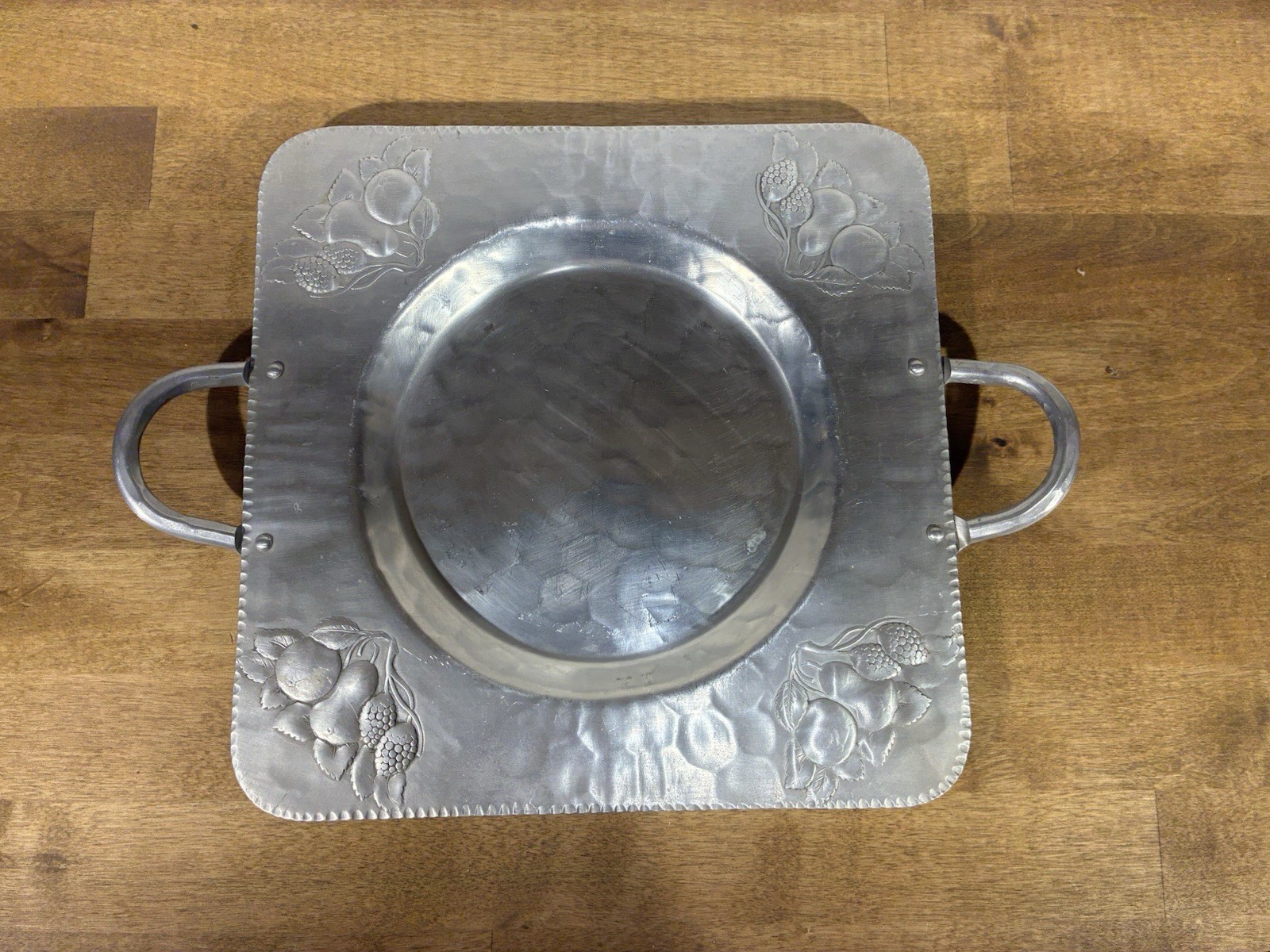 Vintage E.M.P.C. Forged Aluminum Intaglio Fruit Tray Platter Handles