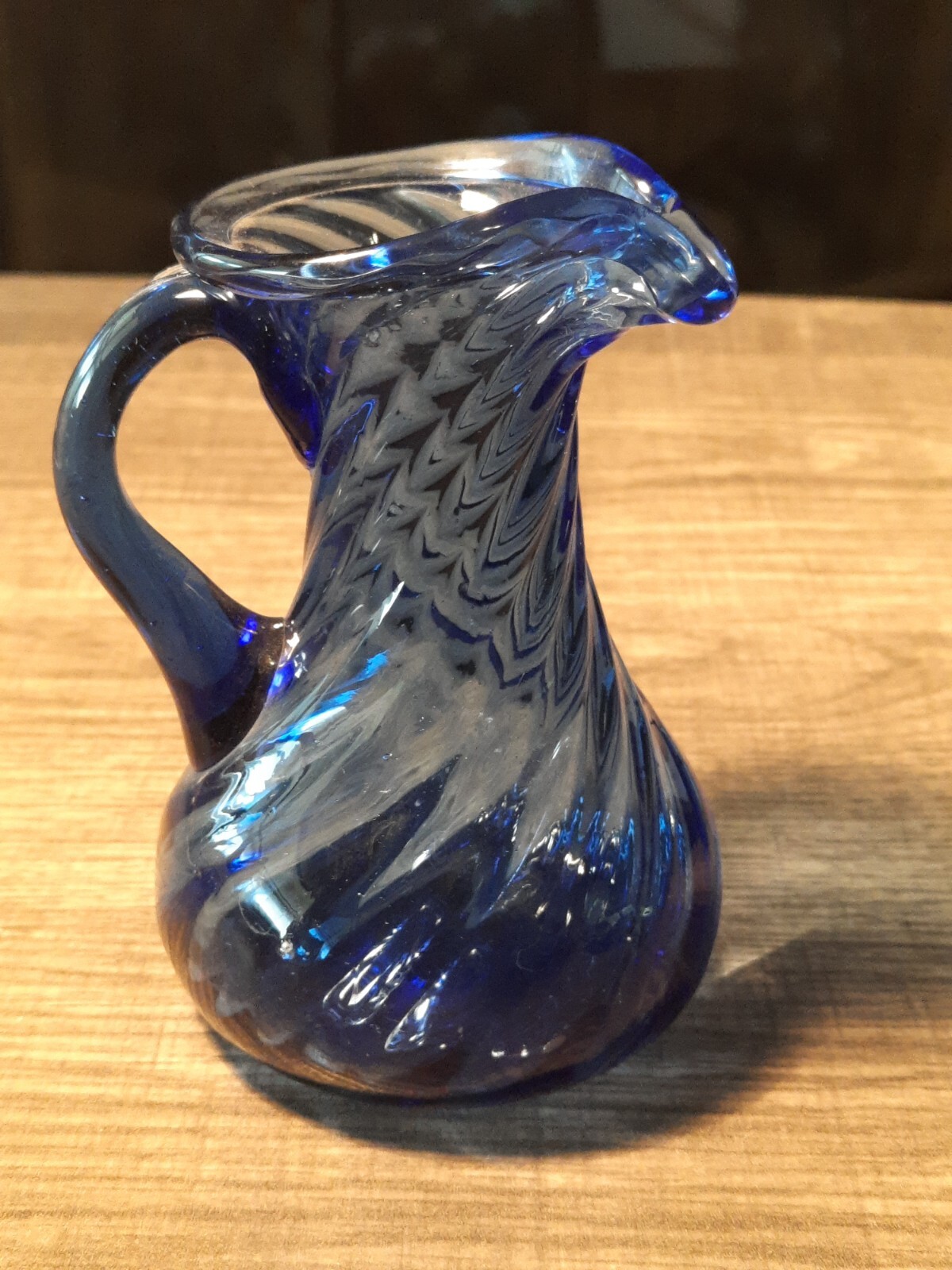 Vintage Blue Glass Swirl Twisted Optic Creamer Pitcher Vase