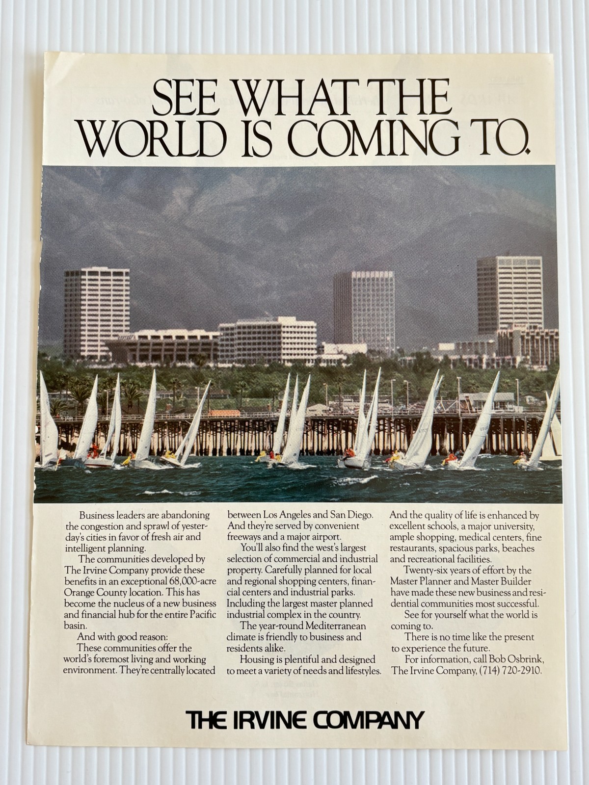 VTG Print Ad The Irvine Company Sailboats Full Page