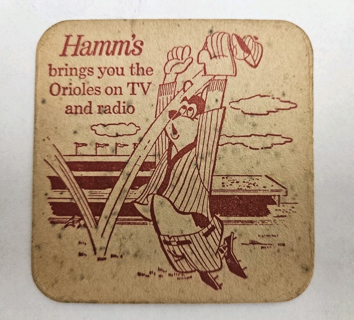 1962 Hamm’s Beer Coaster Baltimore Orioles Baseball TV Radio Bear & Bird Mascots