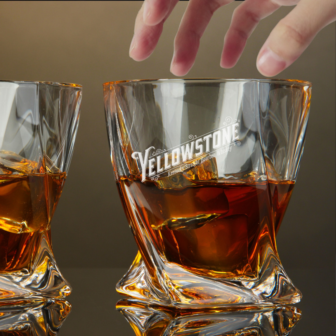 Custom Engraved Yellowstone Whiskey Glass – 10 oz Twisted Rocks Glass