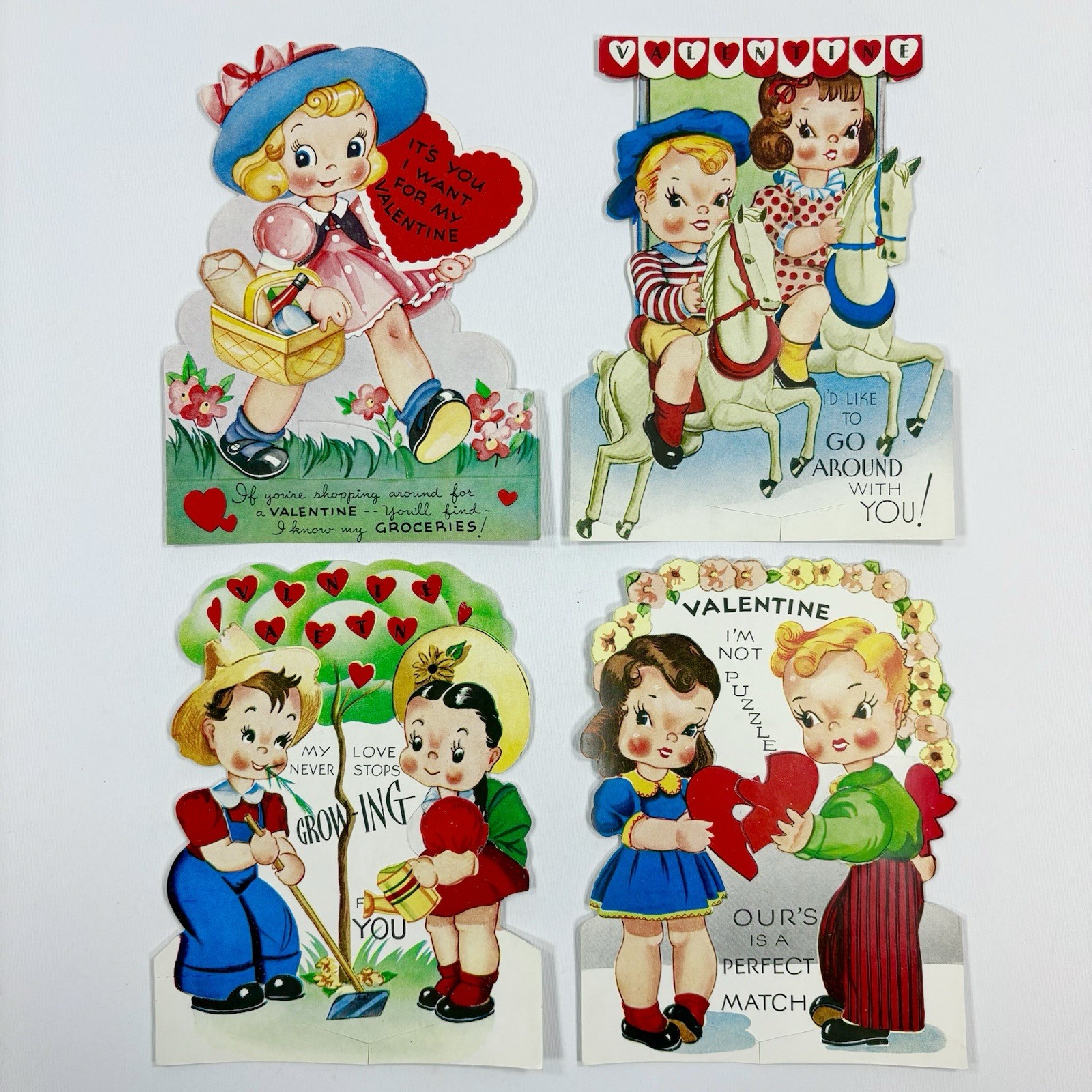 LARGE Vtg Mechanical Valentines Day Cards Diecut Set of 4 UNUSED 1940s 1950s