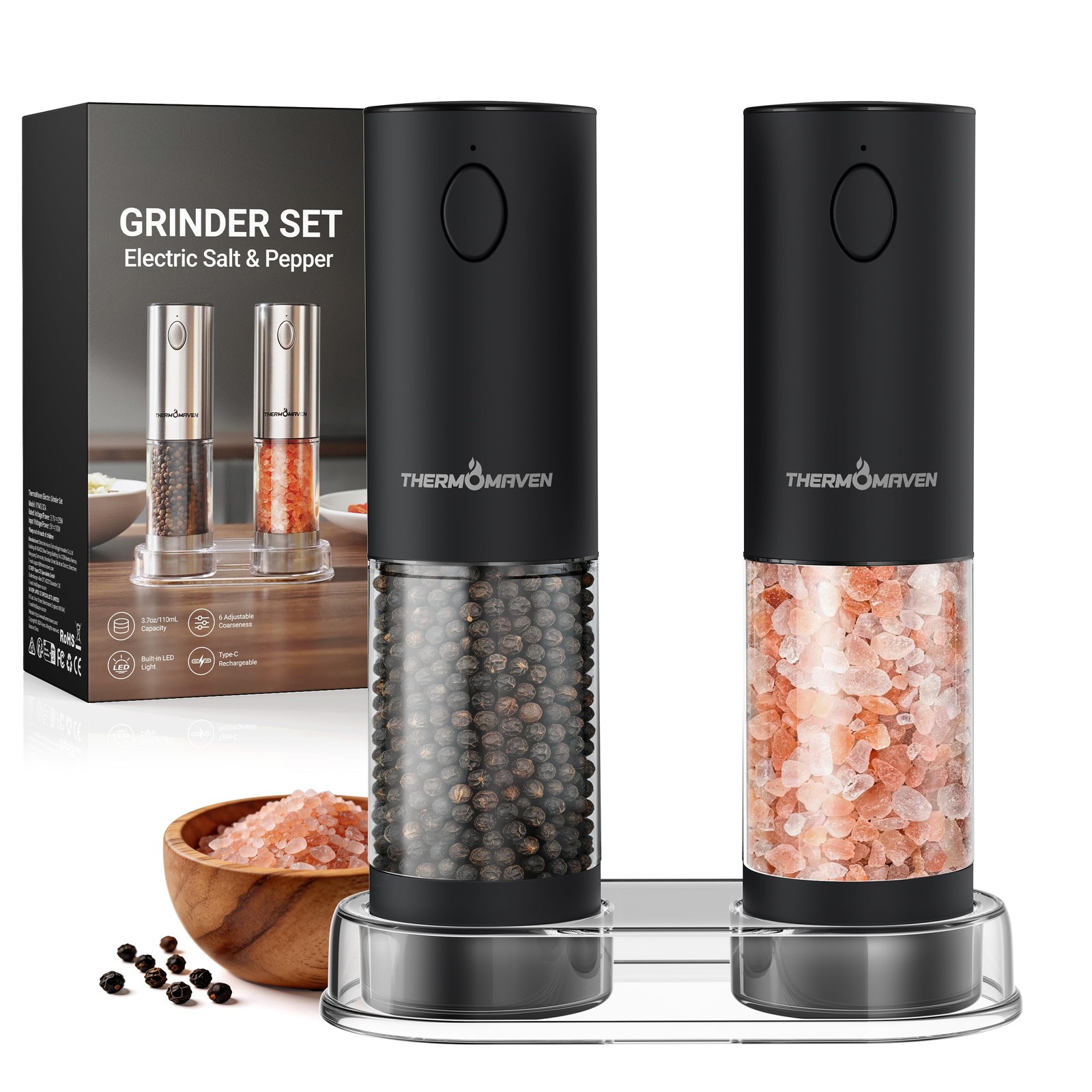 ThermoMaven Electric Salt and Pepper Grinder Set, 110ml Larger Rechargeable A... ThermoMaven Electric Salt and Pepper Grinder Set, 110ml Larger Rechargeable A...