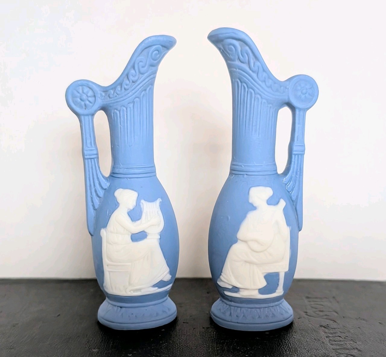 Vintage Wedgwood-Style Jasperware 2 Mini Blue Pitchers 3.5” T w Musicians Greek 