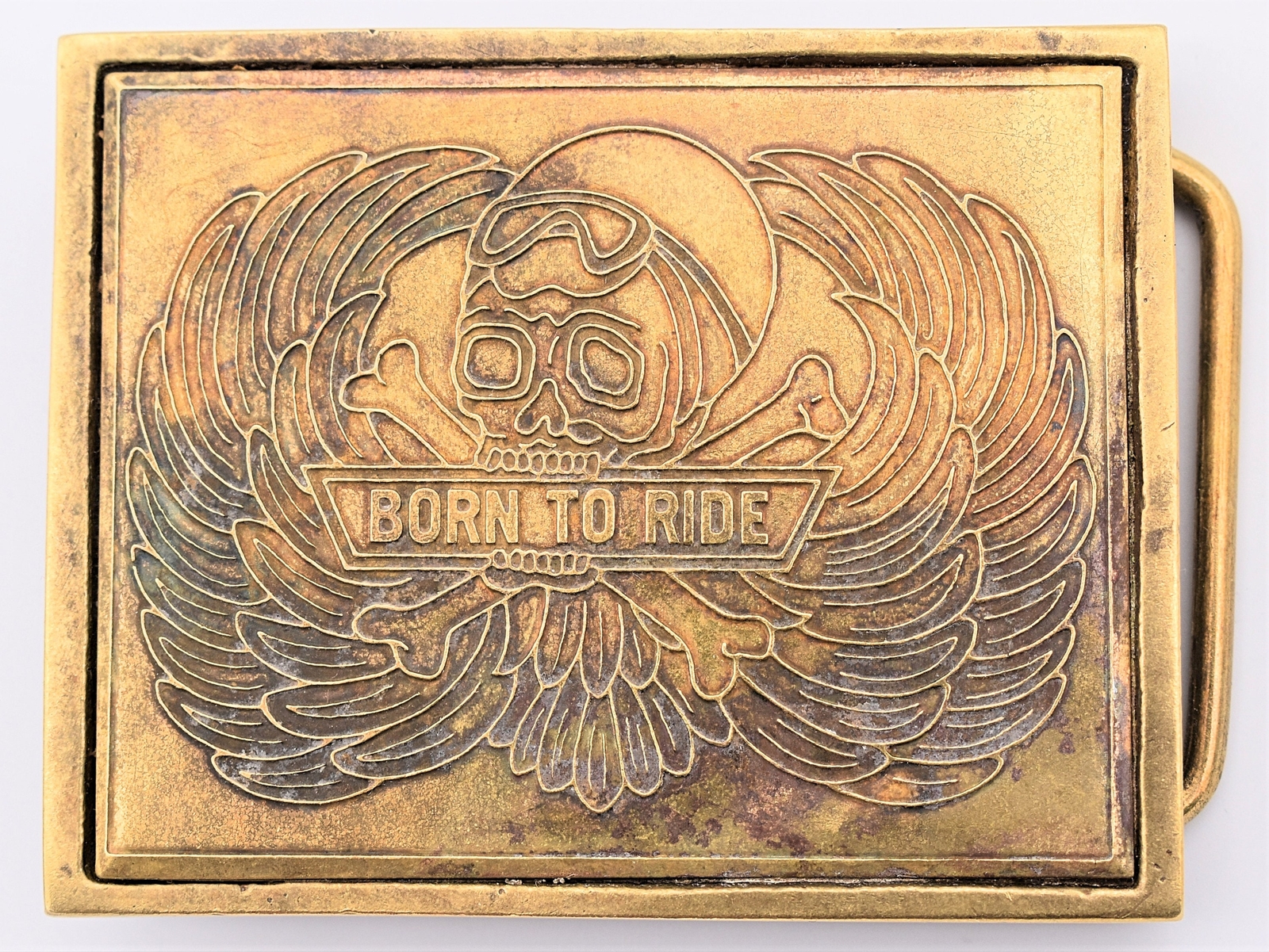 Distressed Skull Crossbones Brass Born to Ride Motorcycles 80s Belt Buckle
