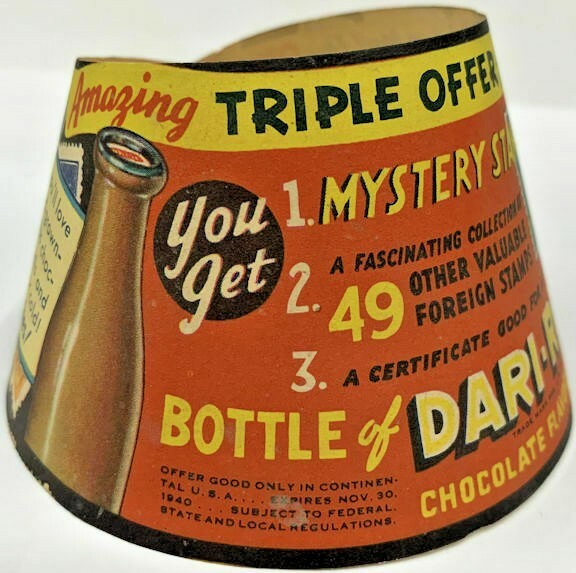  1940's Rare Dari-Rich Chocolate Milk Bottle Collar & Collectible Stamps Offer
