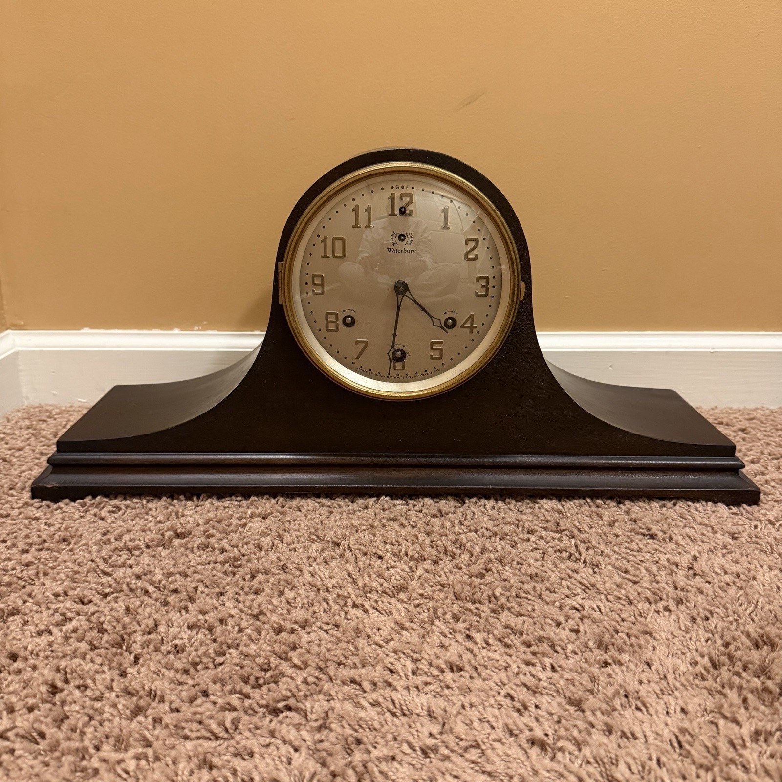 Antique Wood Waterbury Tambour Mantel Clock Mechanical Runs Chime Humpback Key