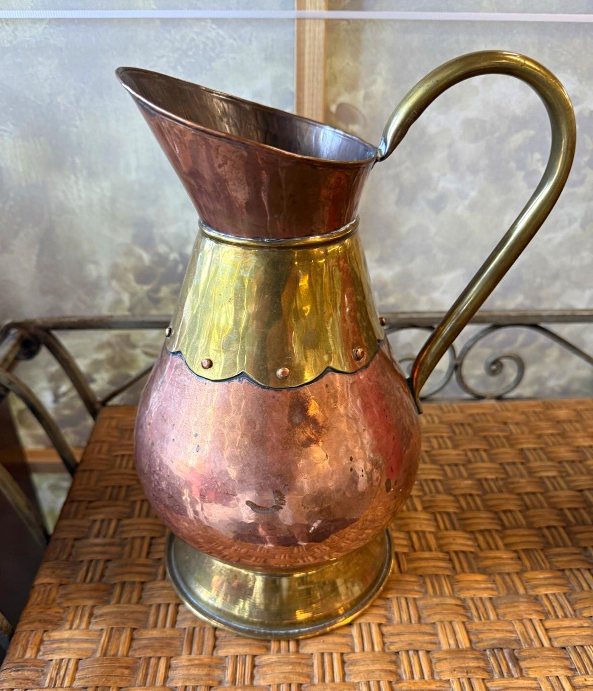 Vintage Belgian Dinanderie Copper Brass Pitcher Hammered Scalloped Collar Ewer