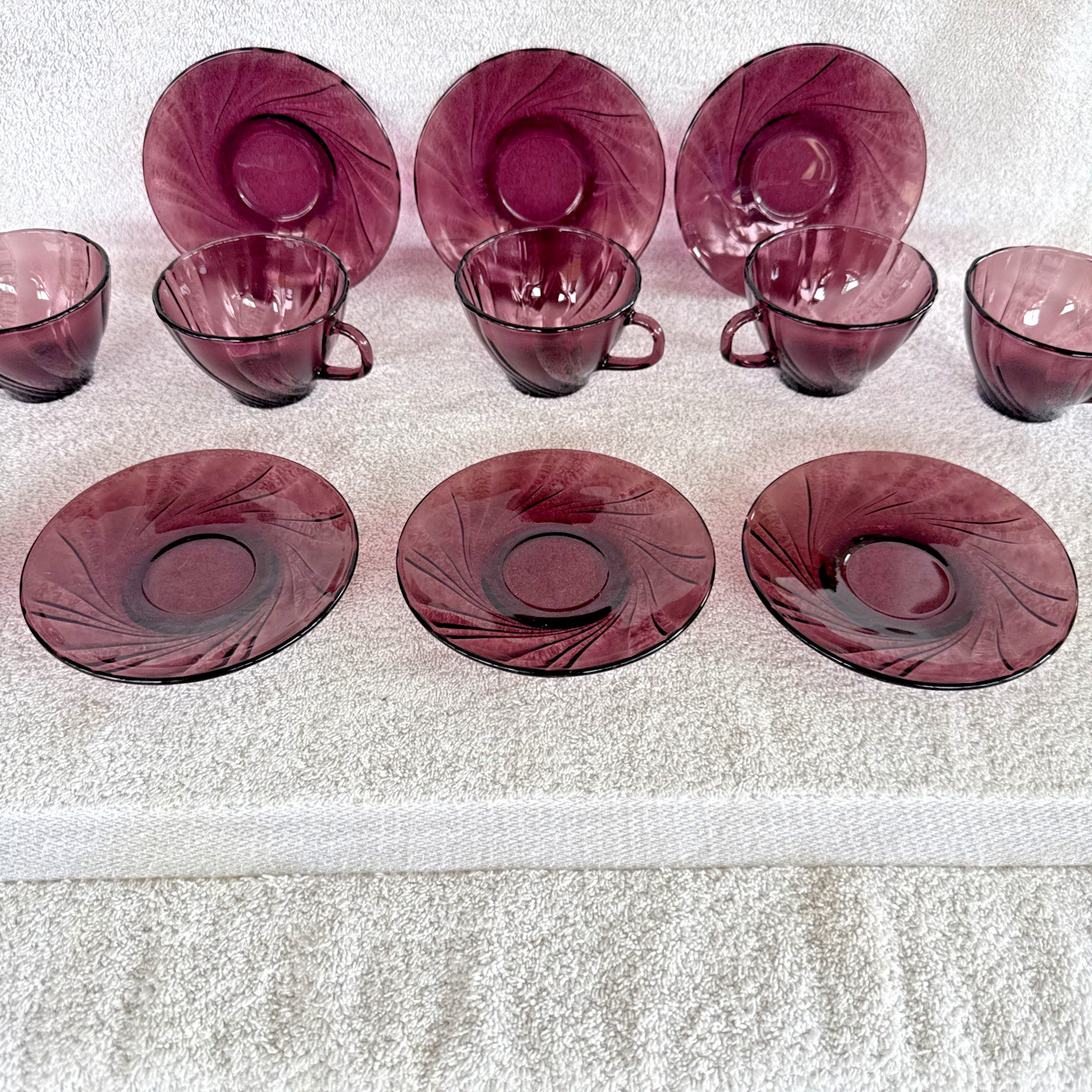 2-Vintage Vereco Amethyst Teacups & 2-Duralex Saucers Glass Swirl Made in France