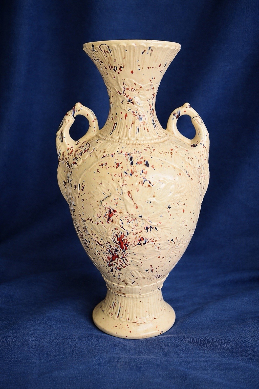 Vintage Vase Amphora Splatter Glazed Bird Handles, Oriental Figural Floral Motif
