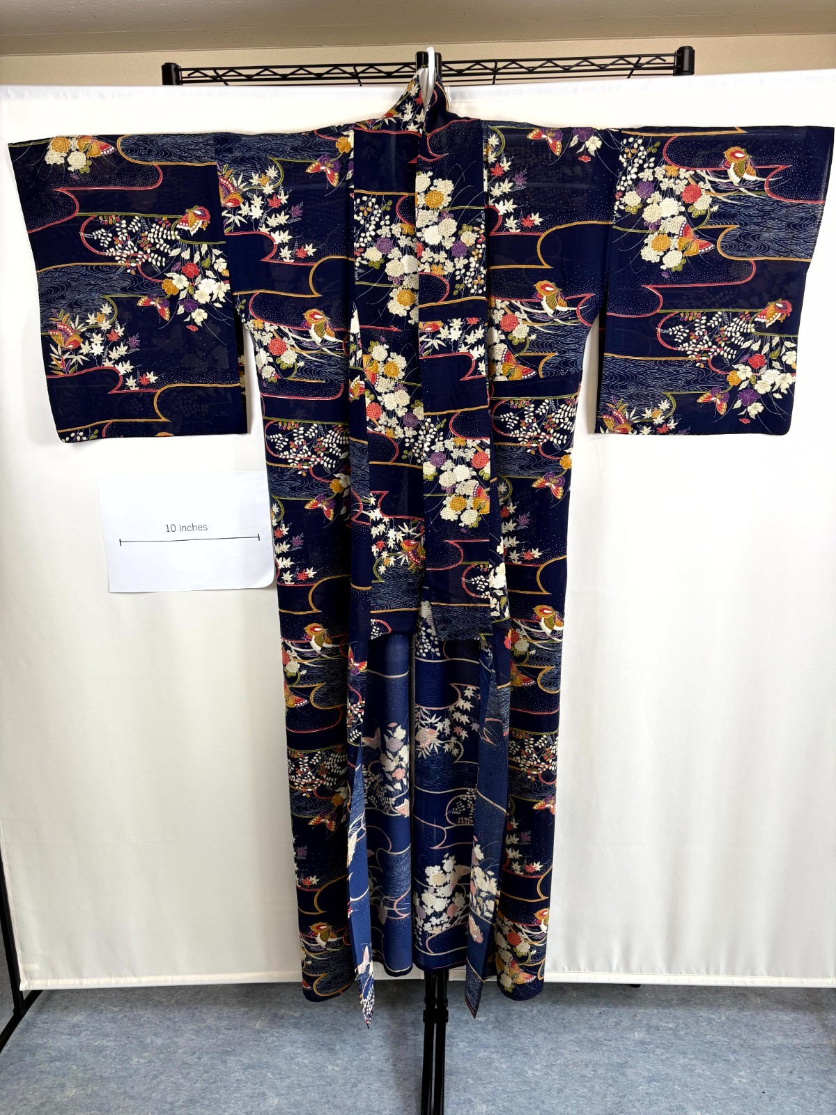 Vintage Japanese Summer Kimono Navy Floral Wave Pattern Lightweight Traditional