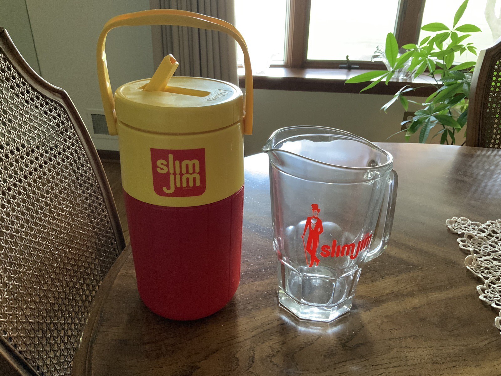 Vintage Slim Jim Brand Advertising Glass Pitcher/Coleman beverage cooler.