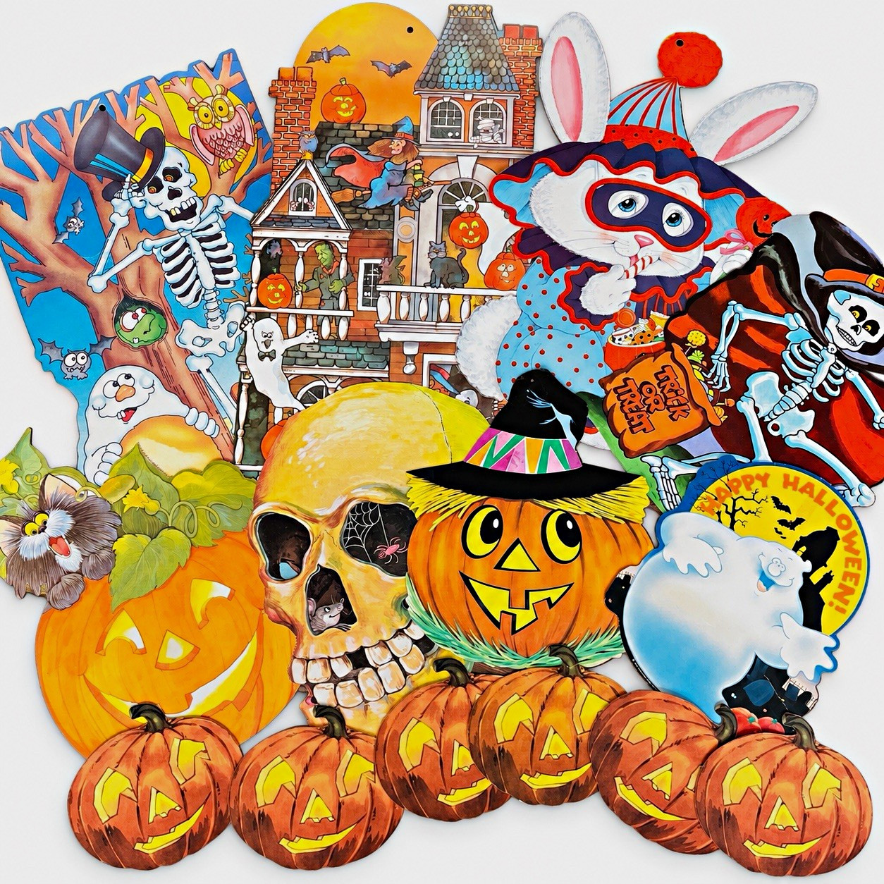 Vintage Cardboard Halloween Cutouts 14 pc Lot Flocked Bunny Skeletons Pumpkins