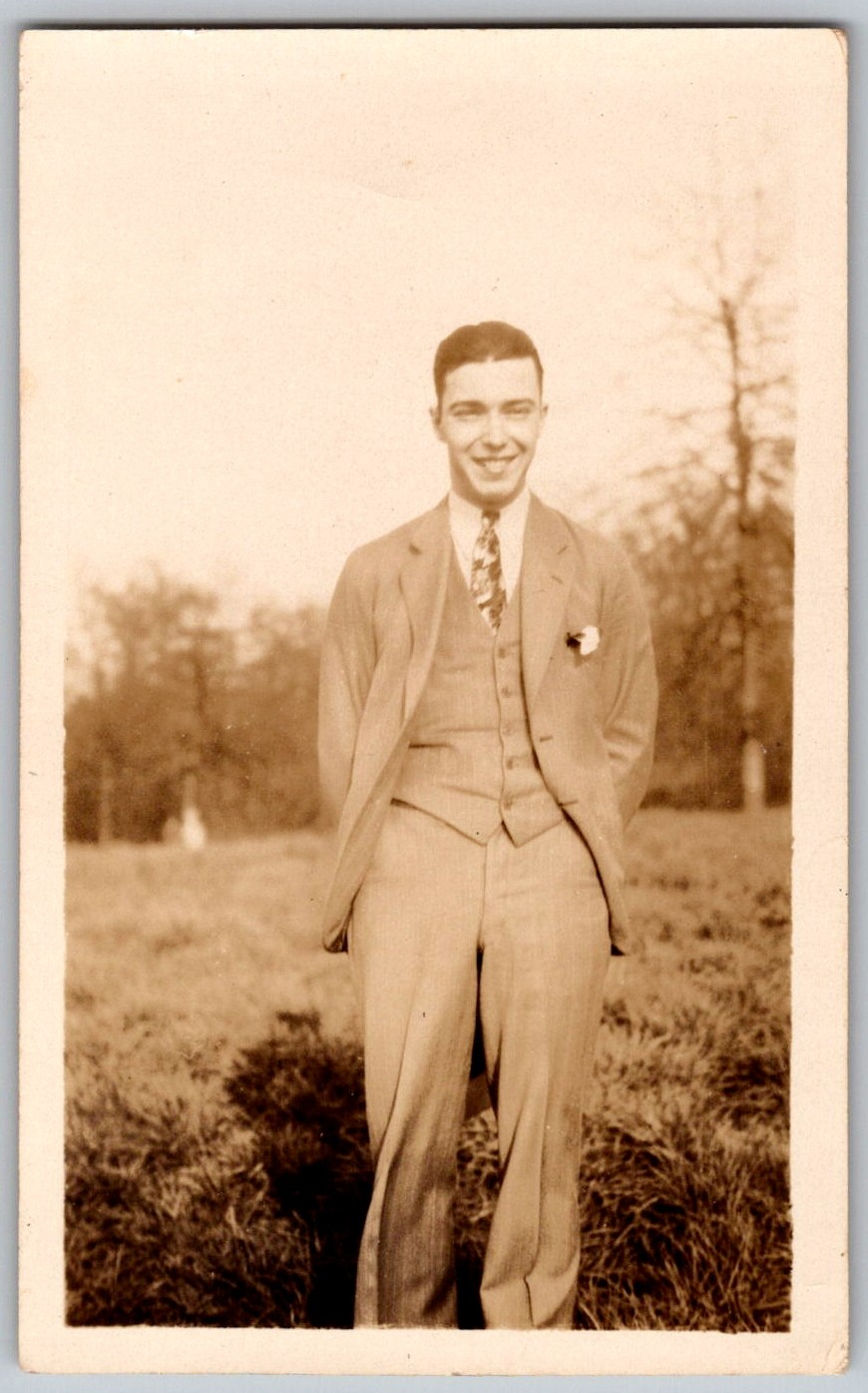 Vtg B&W Snapshot Handsome Young Man Three Piece Suit Billy Bohnenberger 1920s