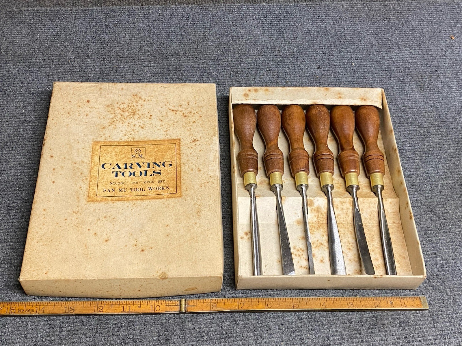Vintage 6 Pc Wood Carving Chisel Set NOS Japanese San Mu With Original Box 