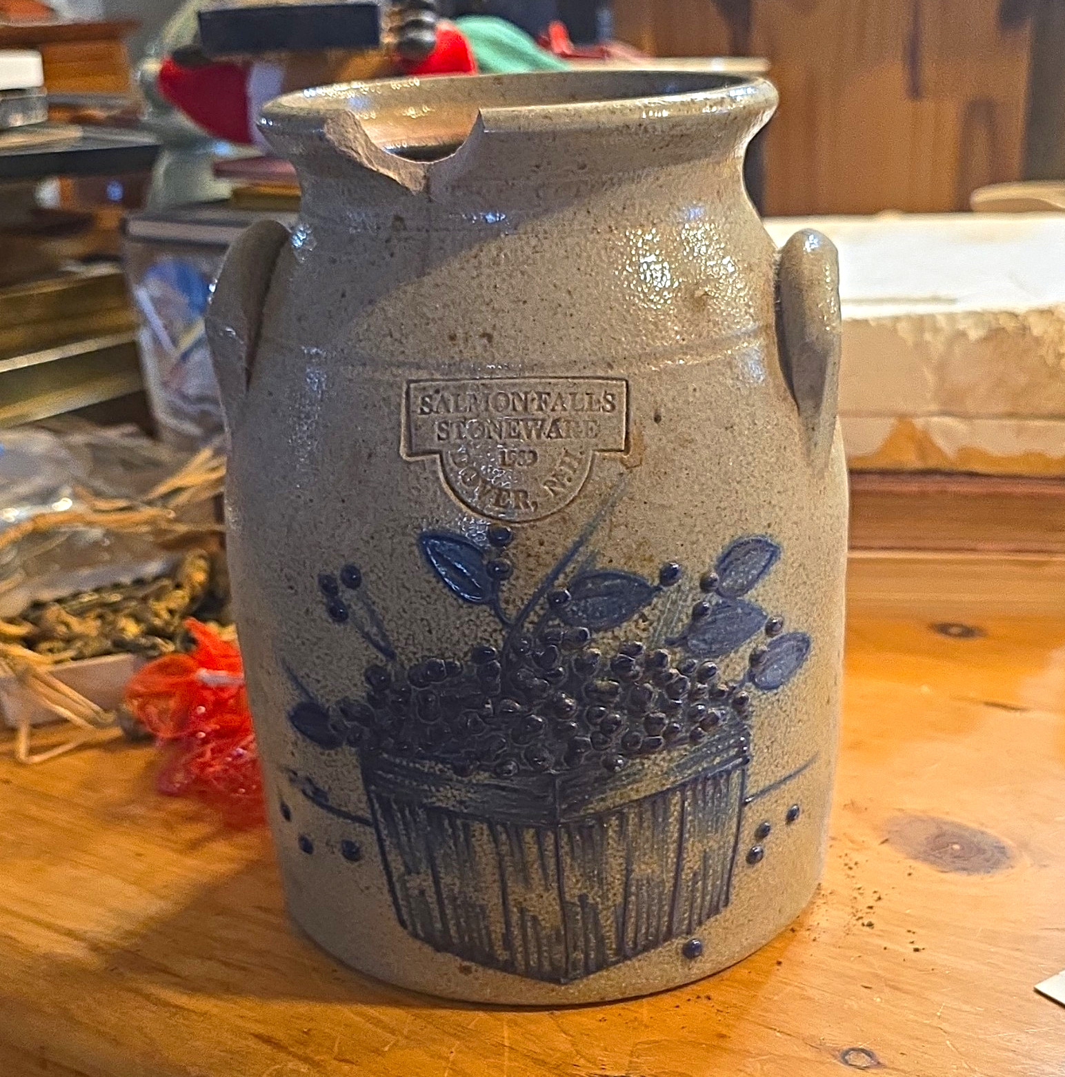 Salmon Falls Stoneware 2 qt Jug Gray/Blue Floral Stoneware Handles 1980