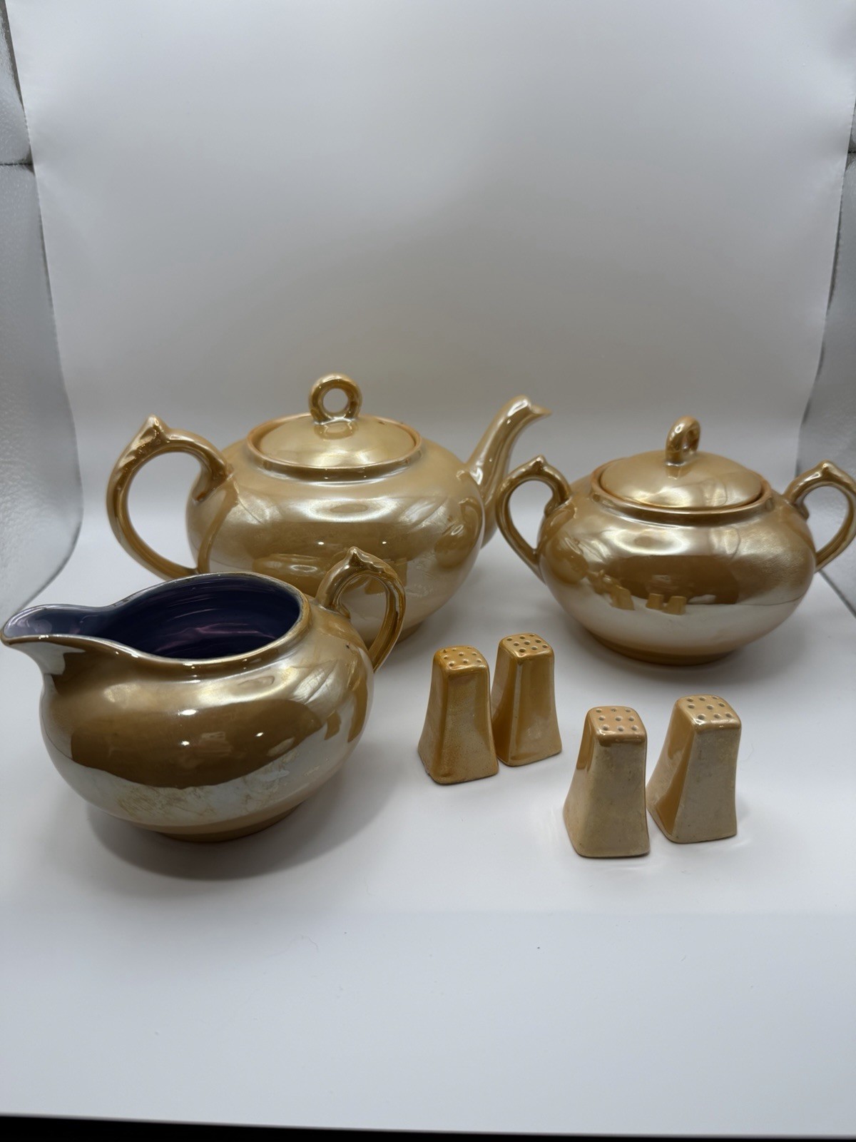 Vintage 27 Pc Japanese Lusterware Tea Set Gold Peach Lavender Made in Japan